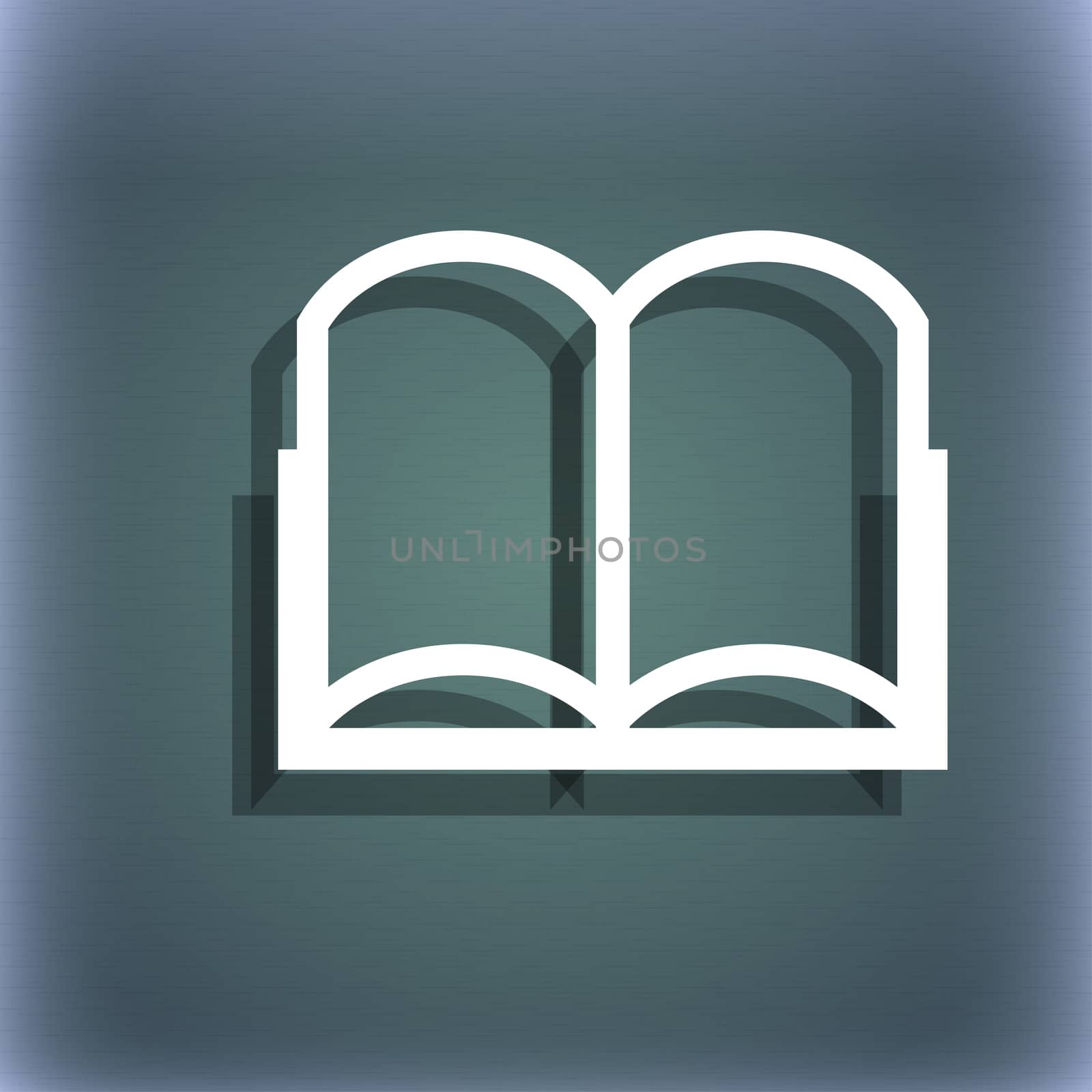 Book sign icon. Open book symbol. On the blue-green abstract background with shadow and space for your text. illustration