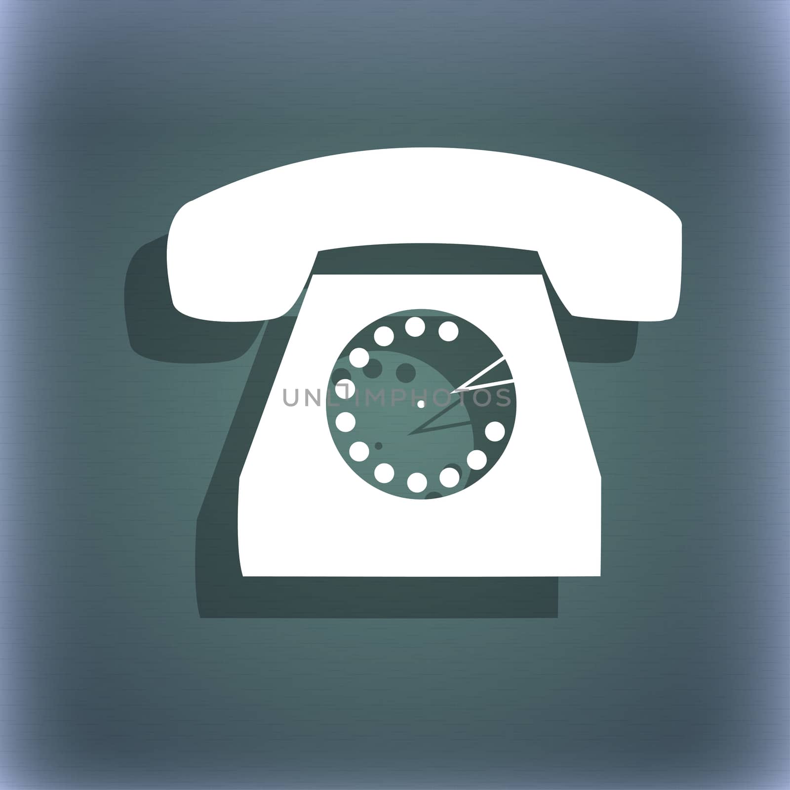 Retro telephone icon symbol. On the blue-green abstract background with shadow and space for your text.  by serhii_lohvyniuk