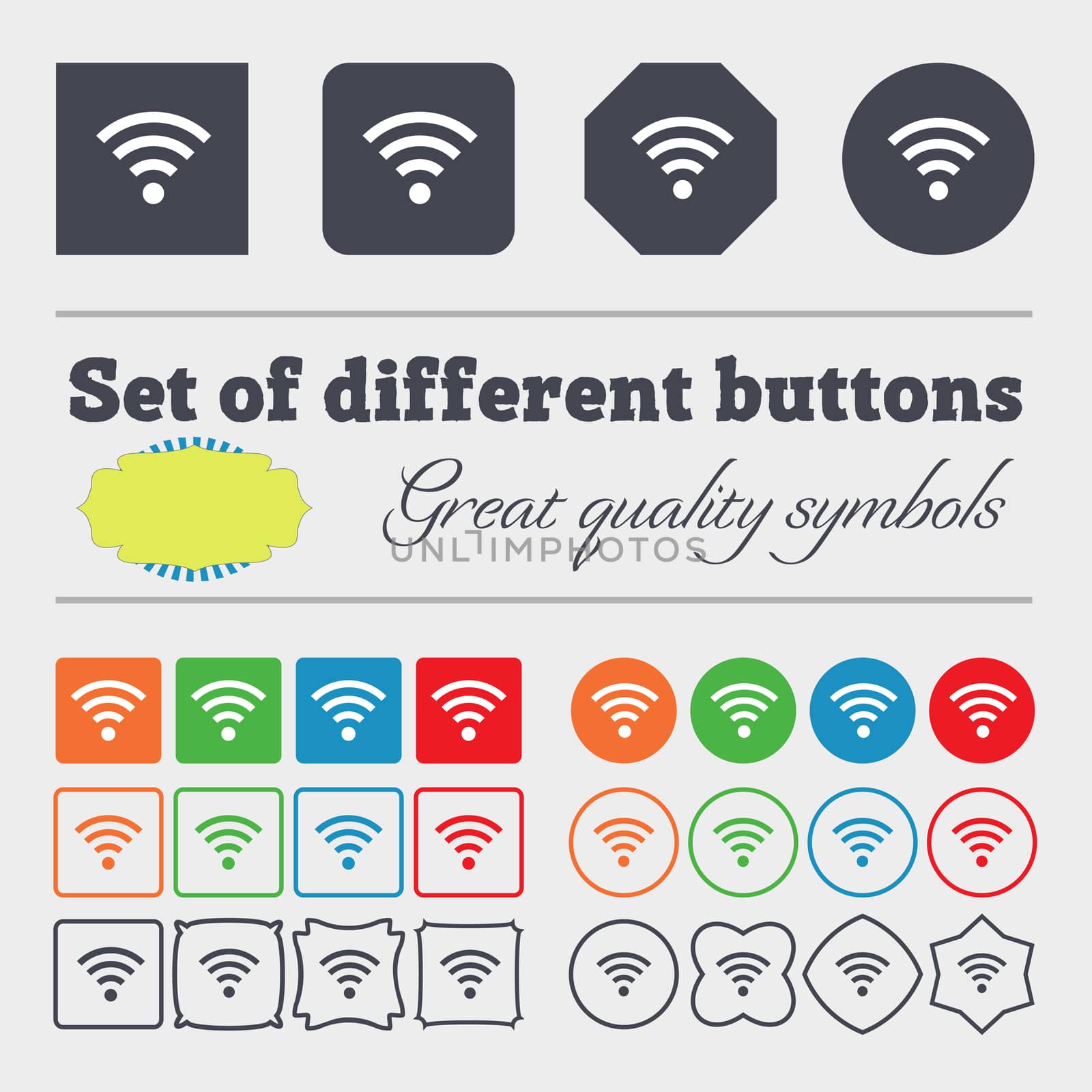 Wifi sign. Wi-fi symbol. Wireless Network icon zone. Big set of colorful, diverse, high-quality buttons.  by serhii_lohvyniuk
