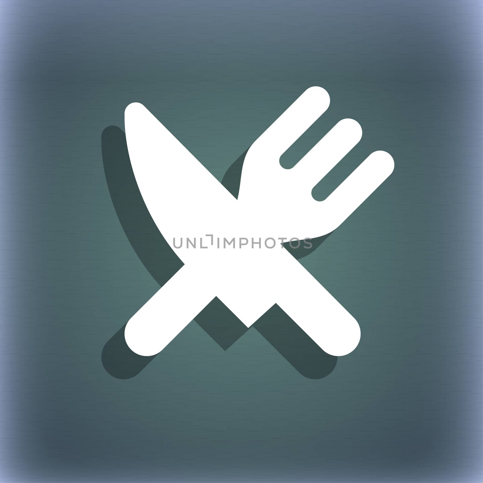 Eat, Cutlery icon symbol on the blue-green abstract background with shadow and space for your text.  by serhii_lohvyniuk