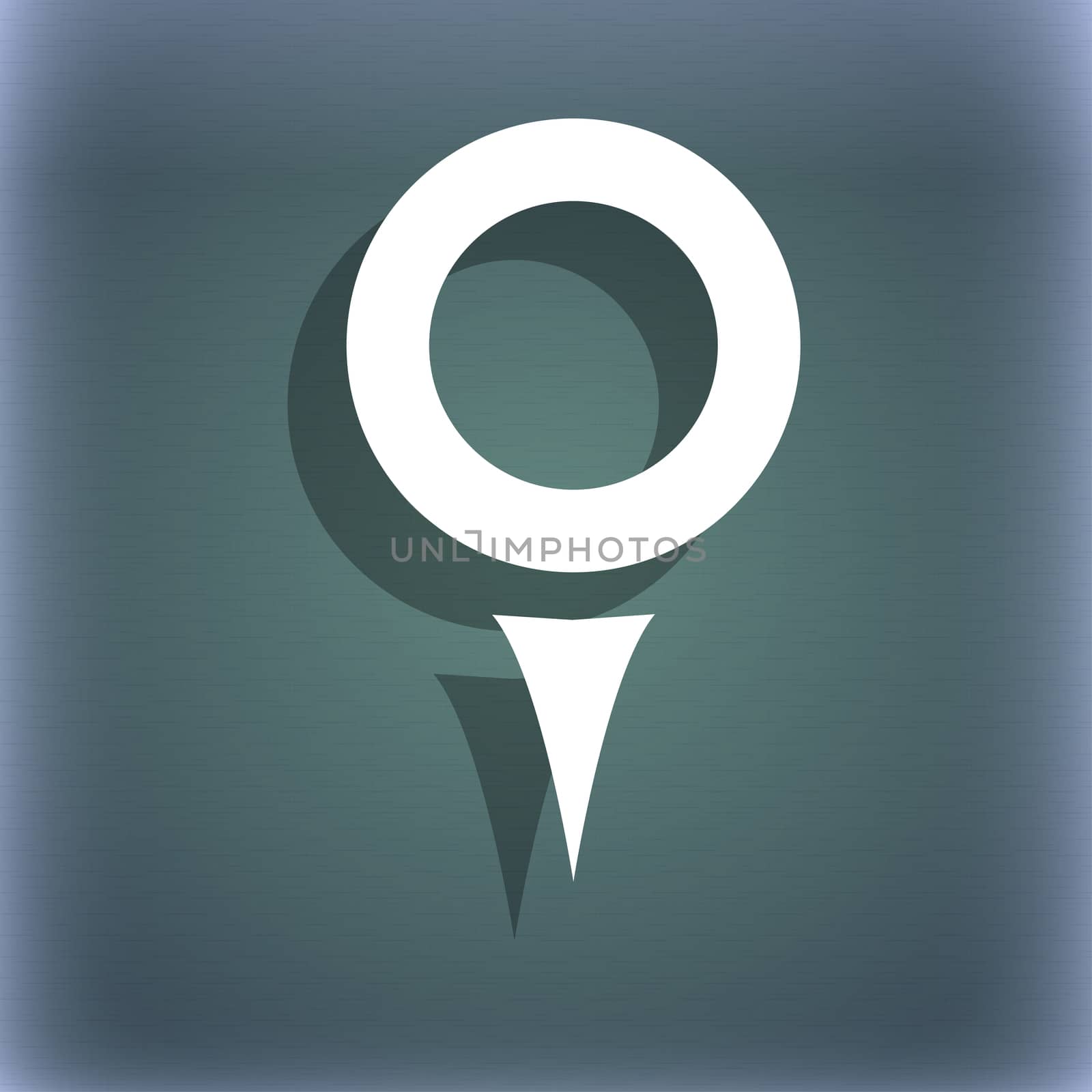 Map pointer, GPS location icon symbol on the blue-green abstract background with shadow and space for your text. illustration