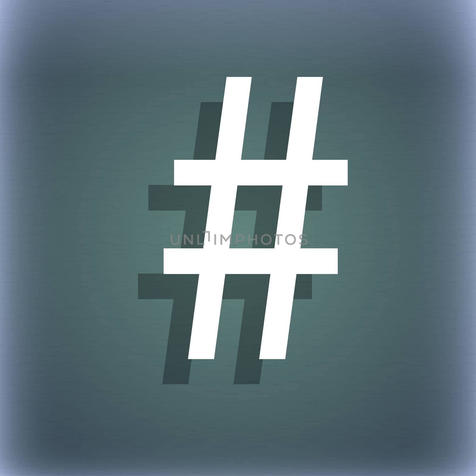 hash tag icon. On the blue-green abstract background with shadow and space for your text. illustration