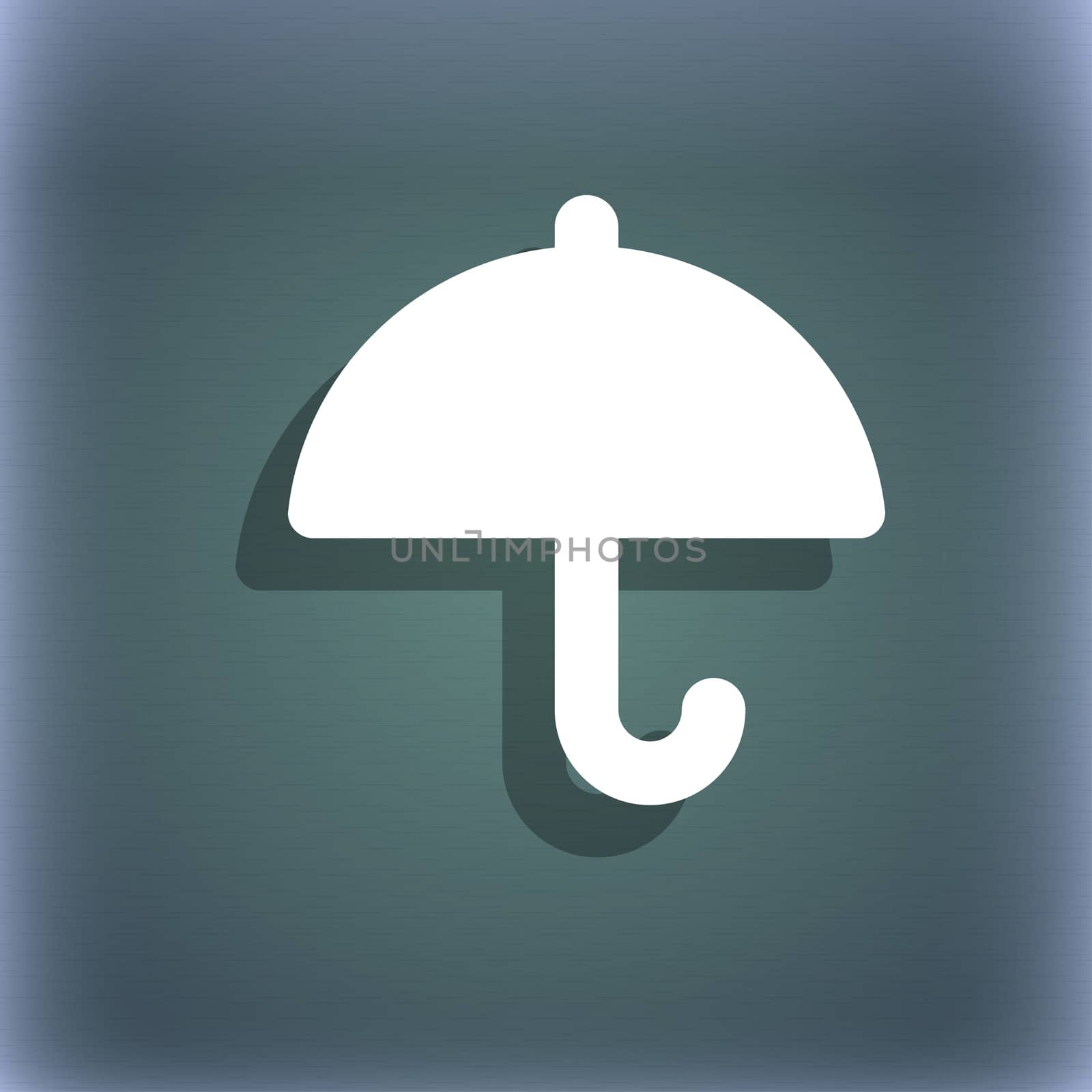 Umbrella icon symbol on the blue-green abstract background with shadow and space for your text.  by serhii_lohvyniuk