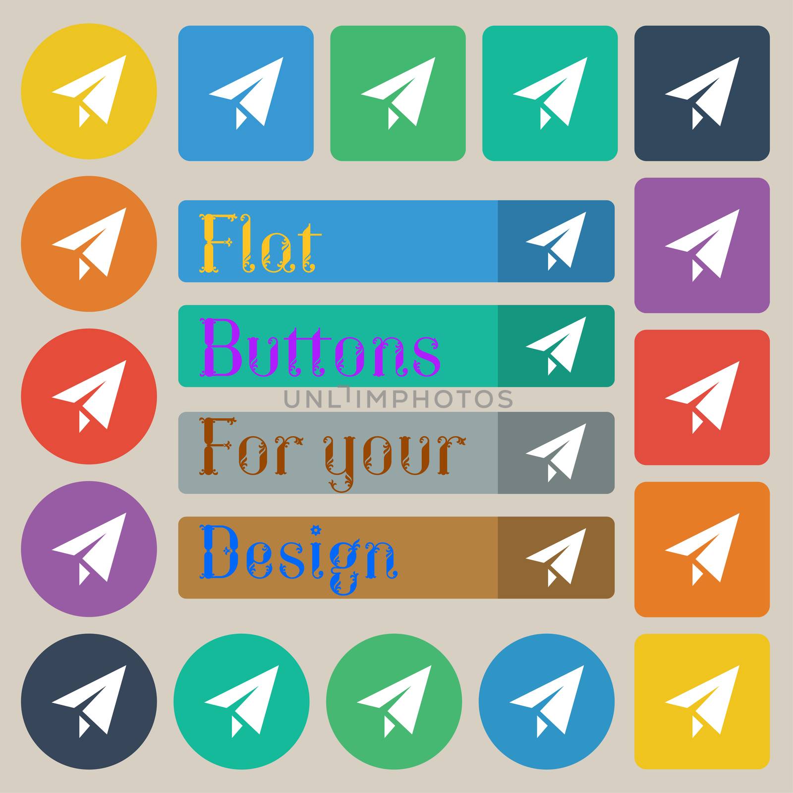 Paper airplane icon sign. Set of twenty colored flat, round, square and rectangular buttons. illustration