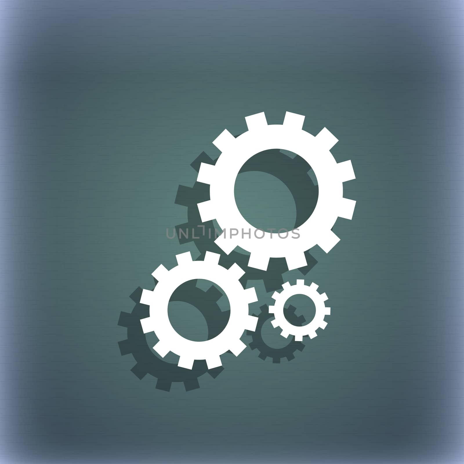 Cog settings sign icon. Cogwheel gear mechanism symbol. On the blue-green abstract background with shadow and space for your text.  by serhii_lohvyniuk