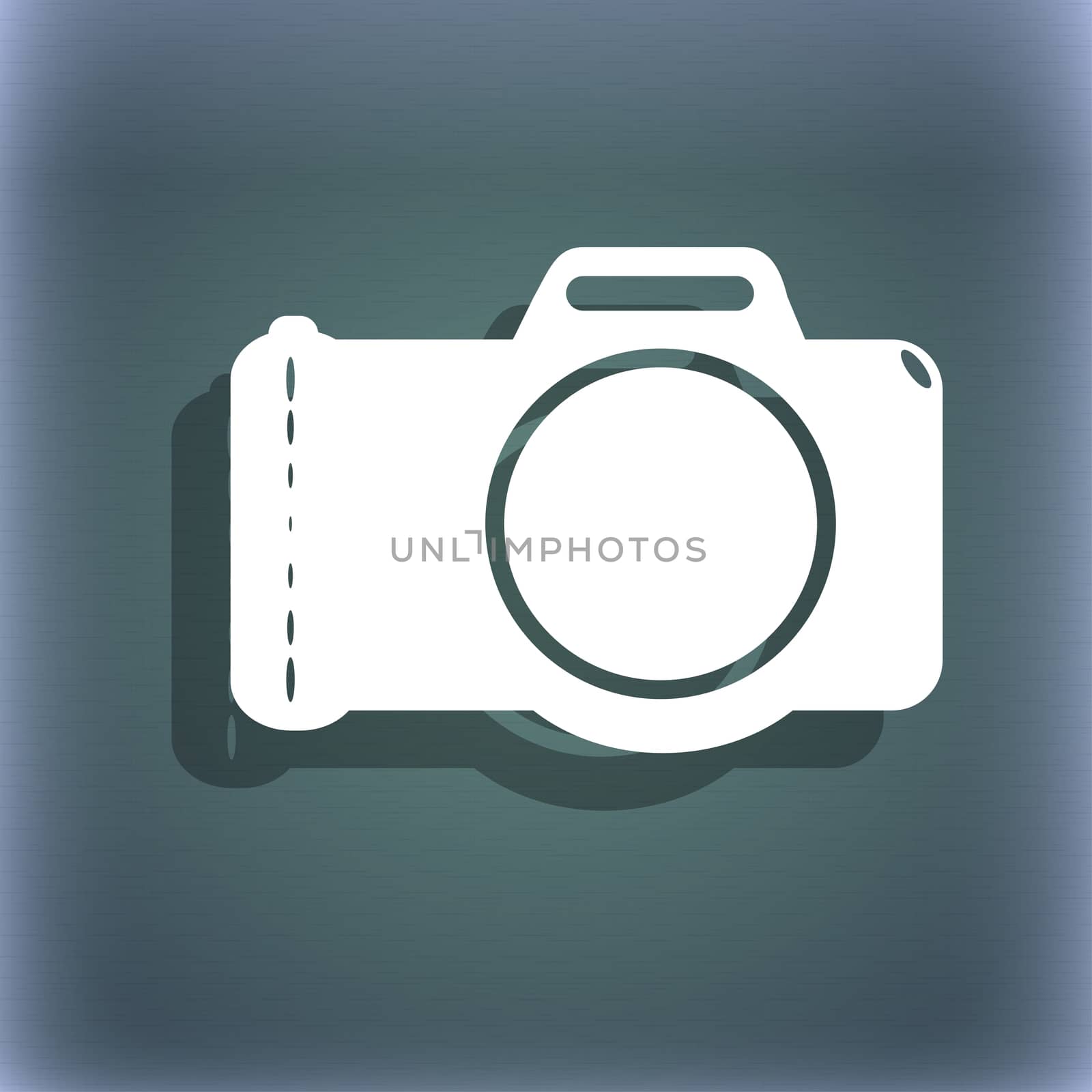 Photo camera sign icon. Digital photo camera symbol. On the blue-green abstract background with shadow and space for your text. illustration