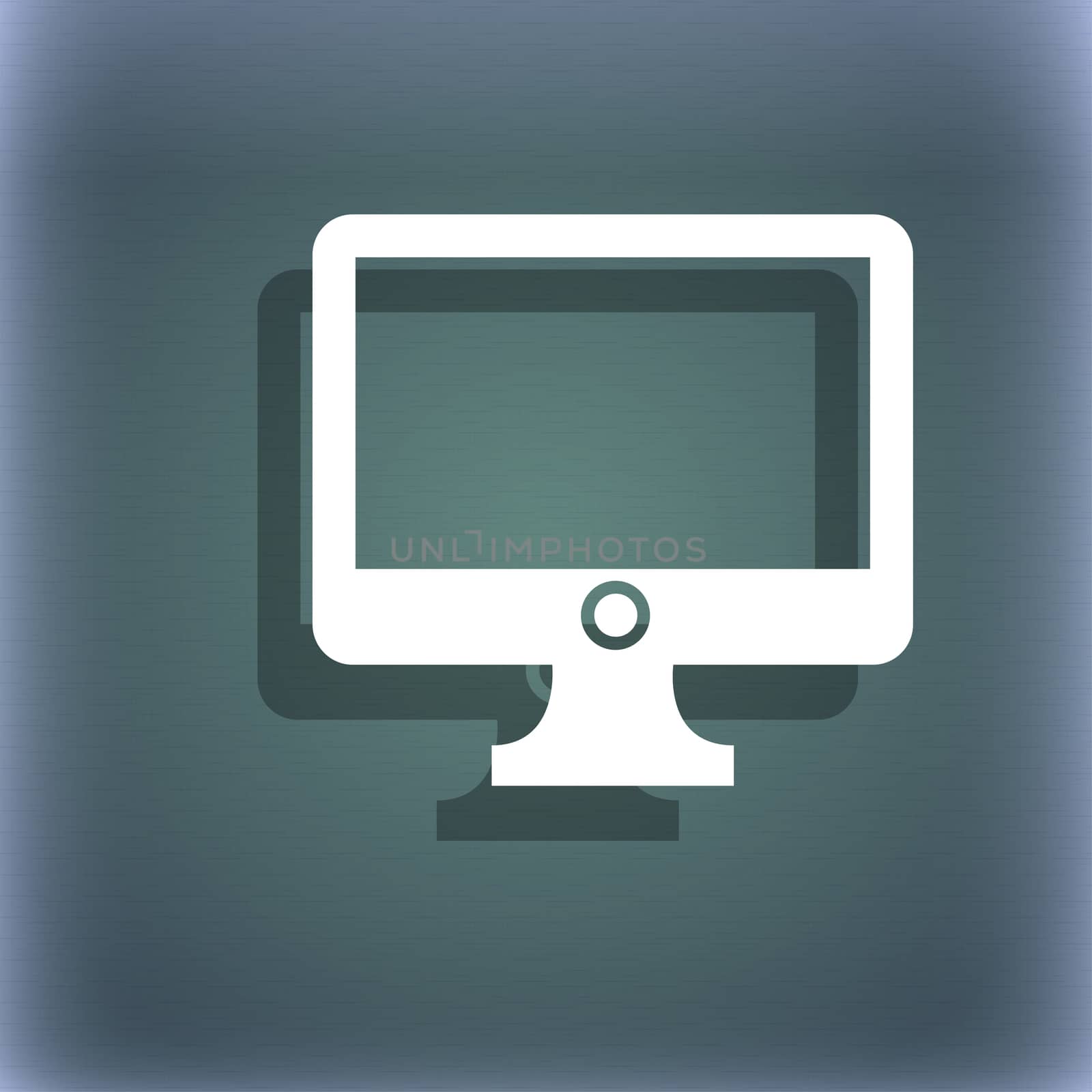 Computer widescreen monitor sign icon. On the blue-green abstract background with shadow and space for your text. illustration