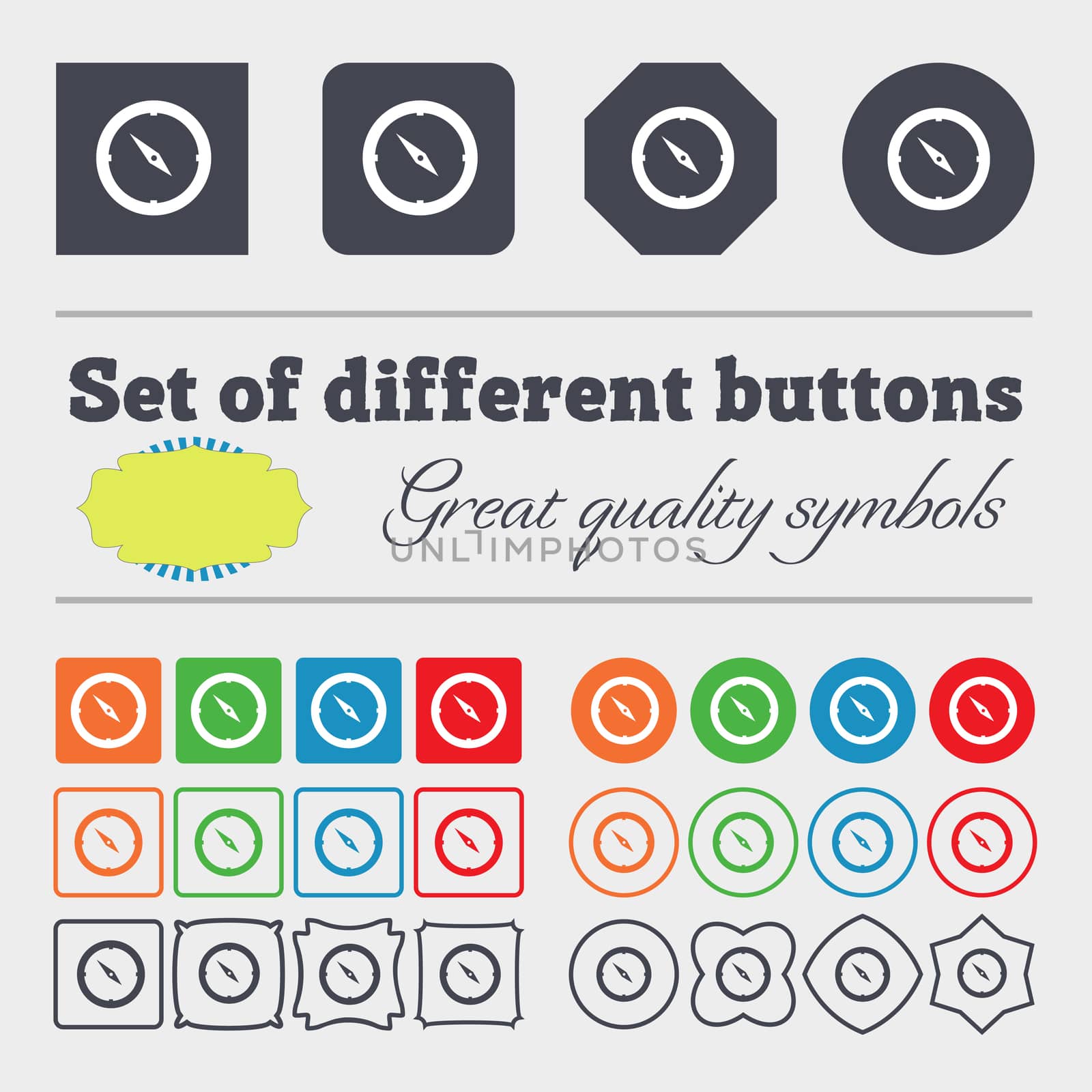 Compass sign icon. Windrose navigation symbol. Big set of colorful, diverse, high-quality buttons. illustration