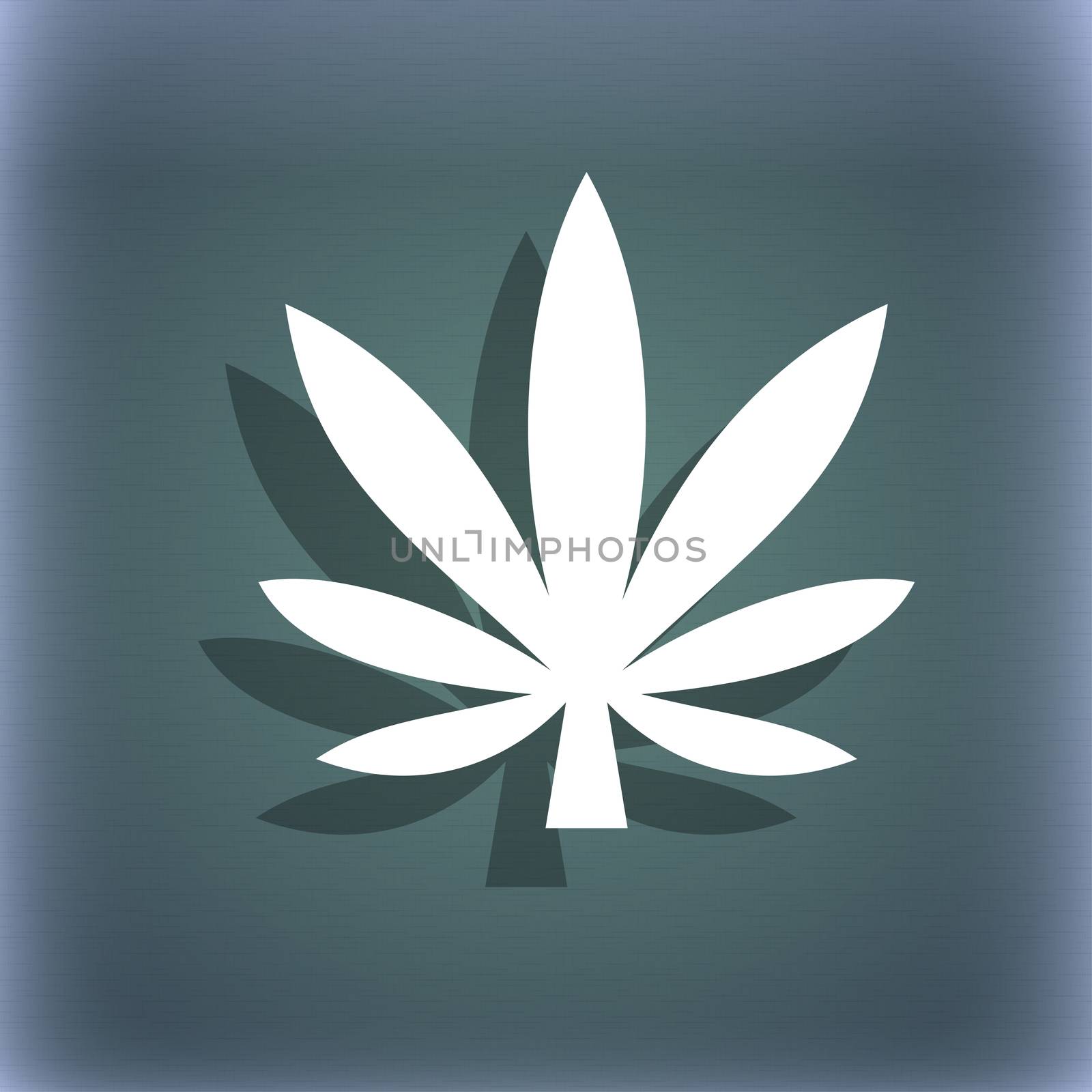 Cannabis leaf icon symbol on the blue-green abstract background with shadow and space for your text. illustration