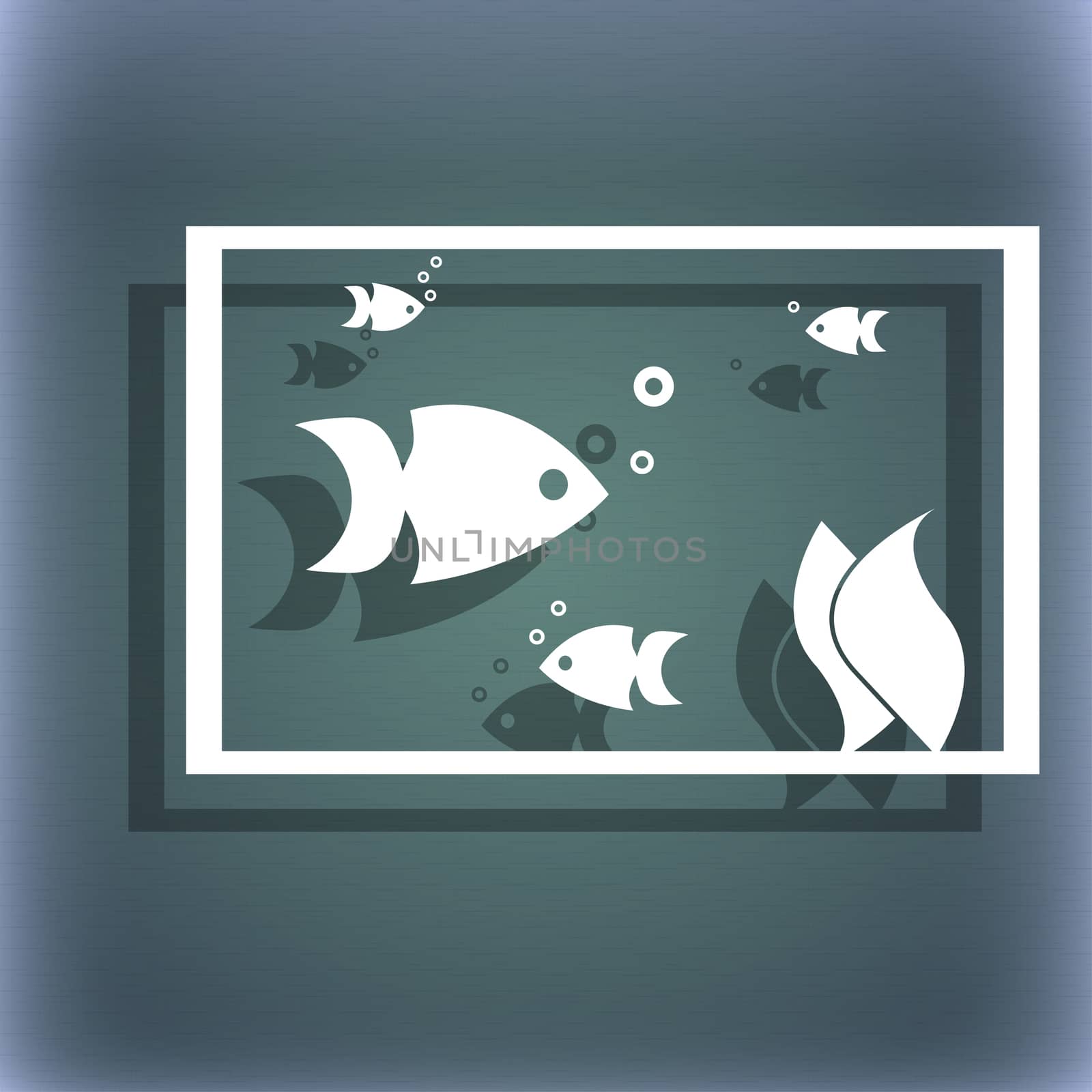 Aquarium, Fish in water icon sign. On the blue-green abstract background with shadow and space for your text. illustration