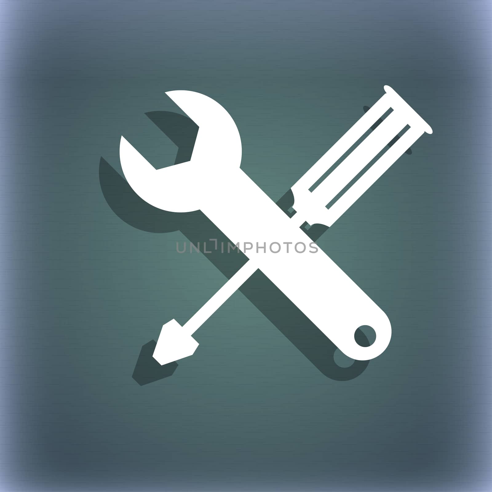 Repair tool sign icon. Service symbol. screwdriver with wrench. On the blue-green abstract background with shadow and space for your text. illustration