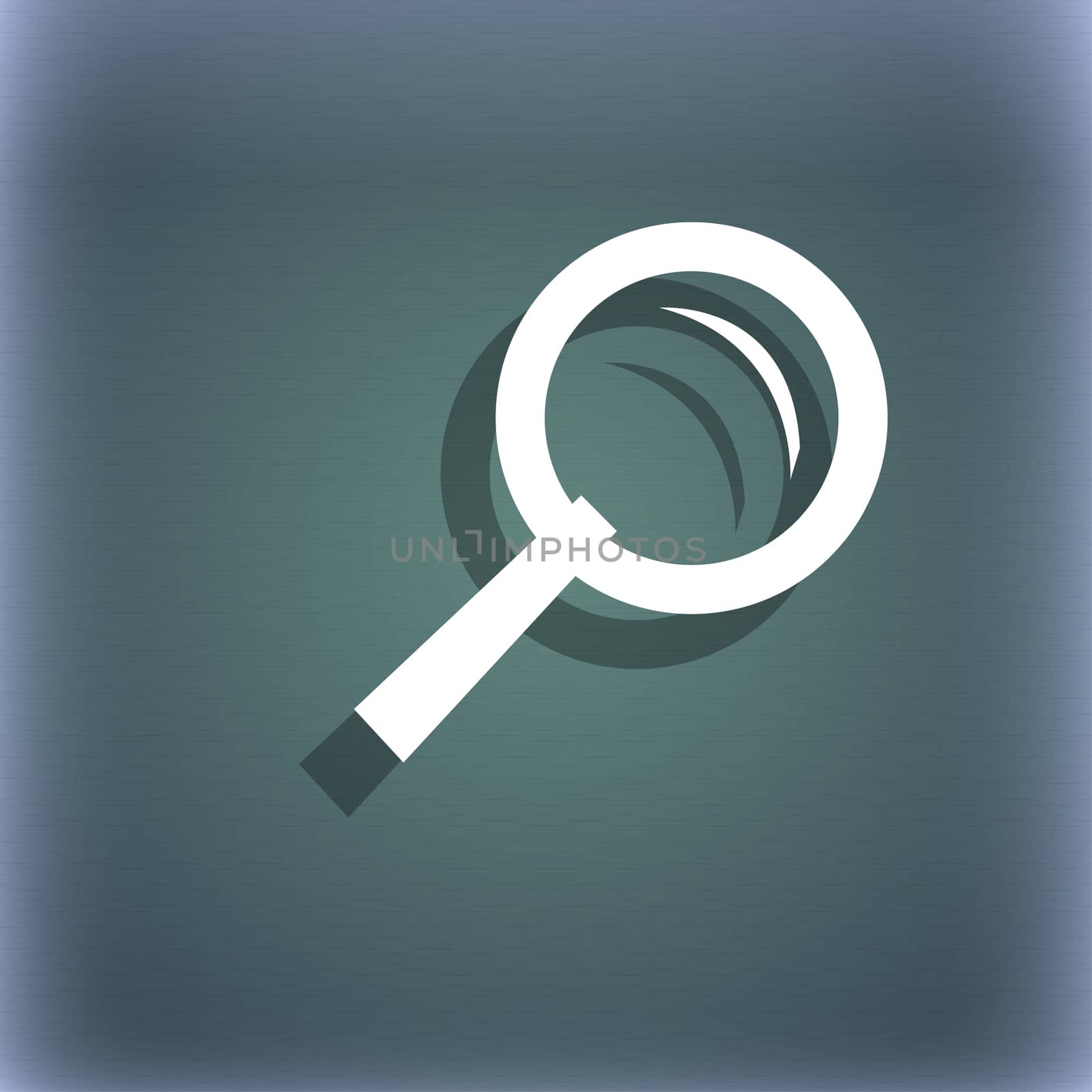 Magnifier glass sign icon. Zoom tool button. Navigation search symbol. On the blue-green abstract background with shadow and space for your text.  by serhii_lohvyniuk
