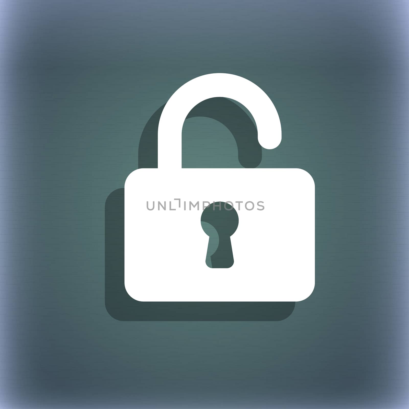 Open Padlock icon symbol on the blue-green abstract background with shadow and space for your text. illustration