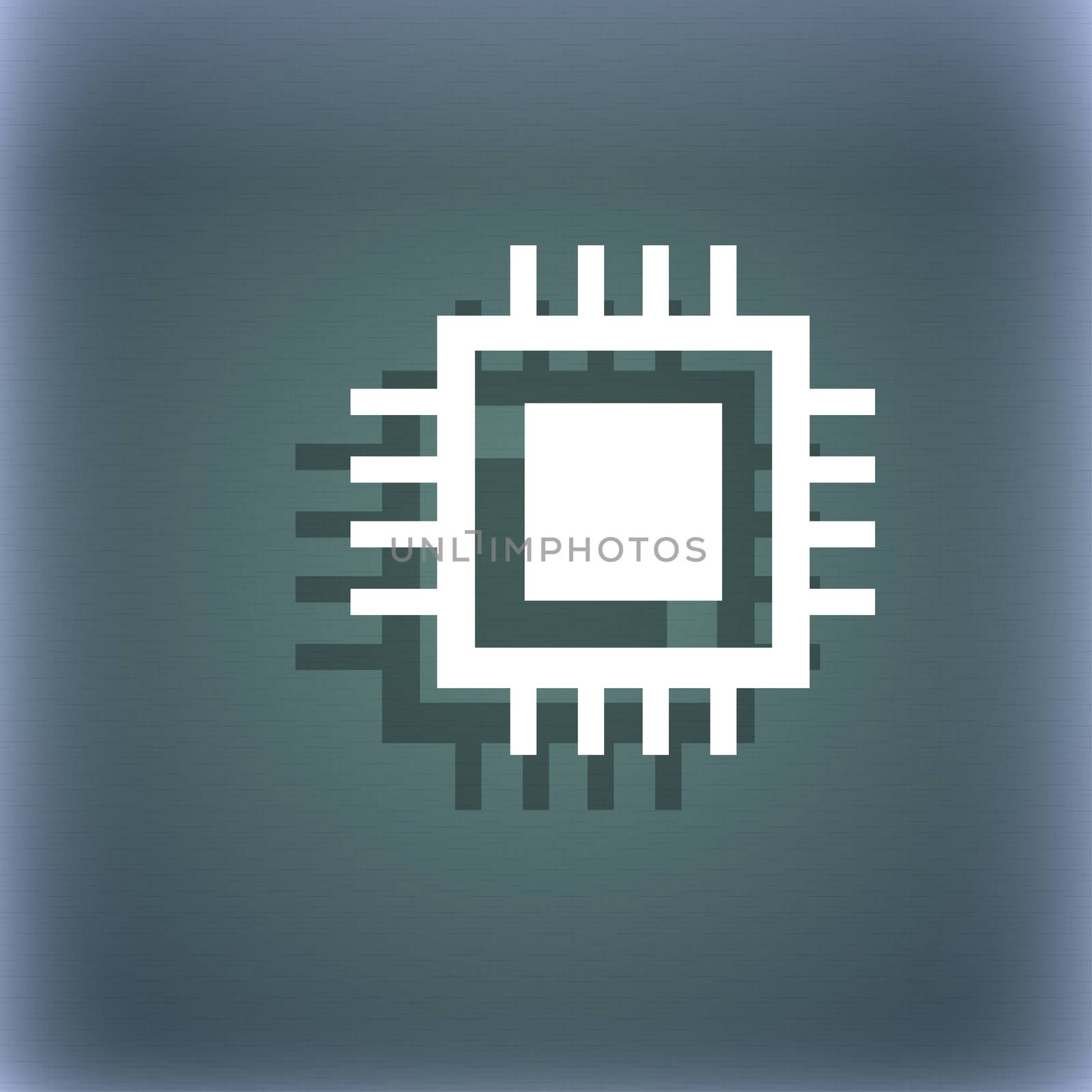 Central Processing Unit Icon. Technology scheme circle symbol. On the blue-green abstract background with shadow and space for your text. illustration