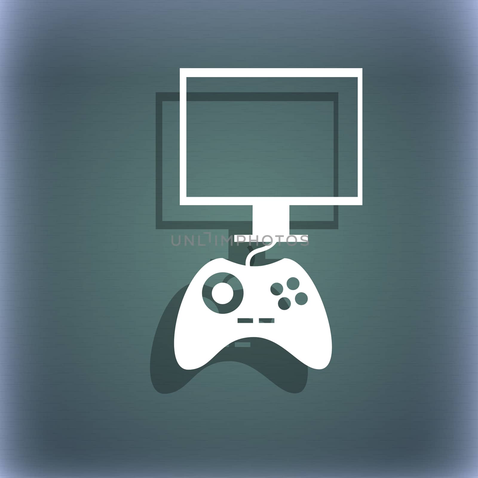 Joystick and monitor sign icon. Video game symbol. On the blue-green abstract background with shadow and space for your text.  by serhii_lohvyniuk