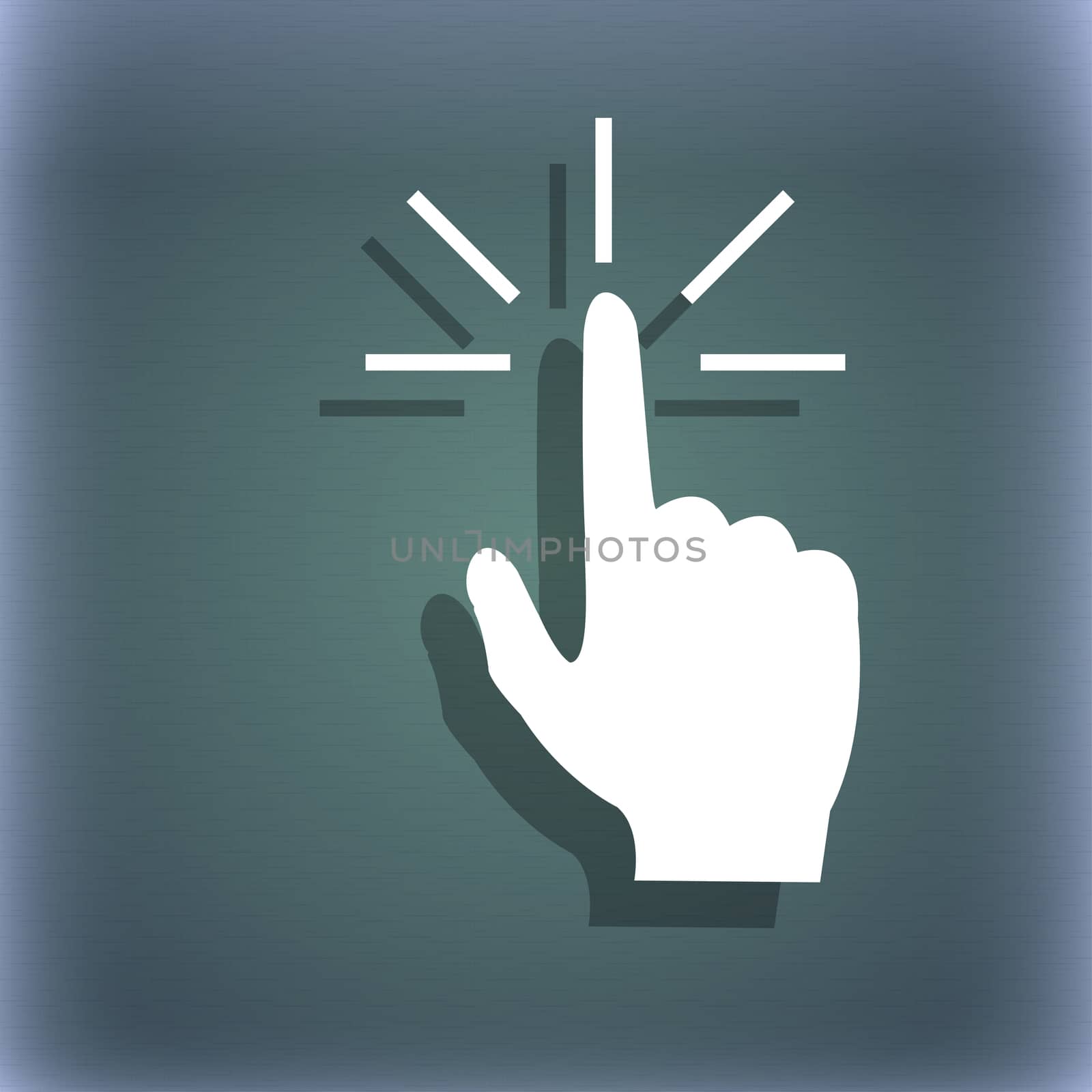 Click here hand icon sign. On the blue-green abstract background with shadow and space for your text.  by serhii_lohvyniuk