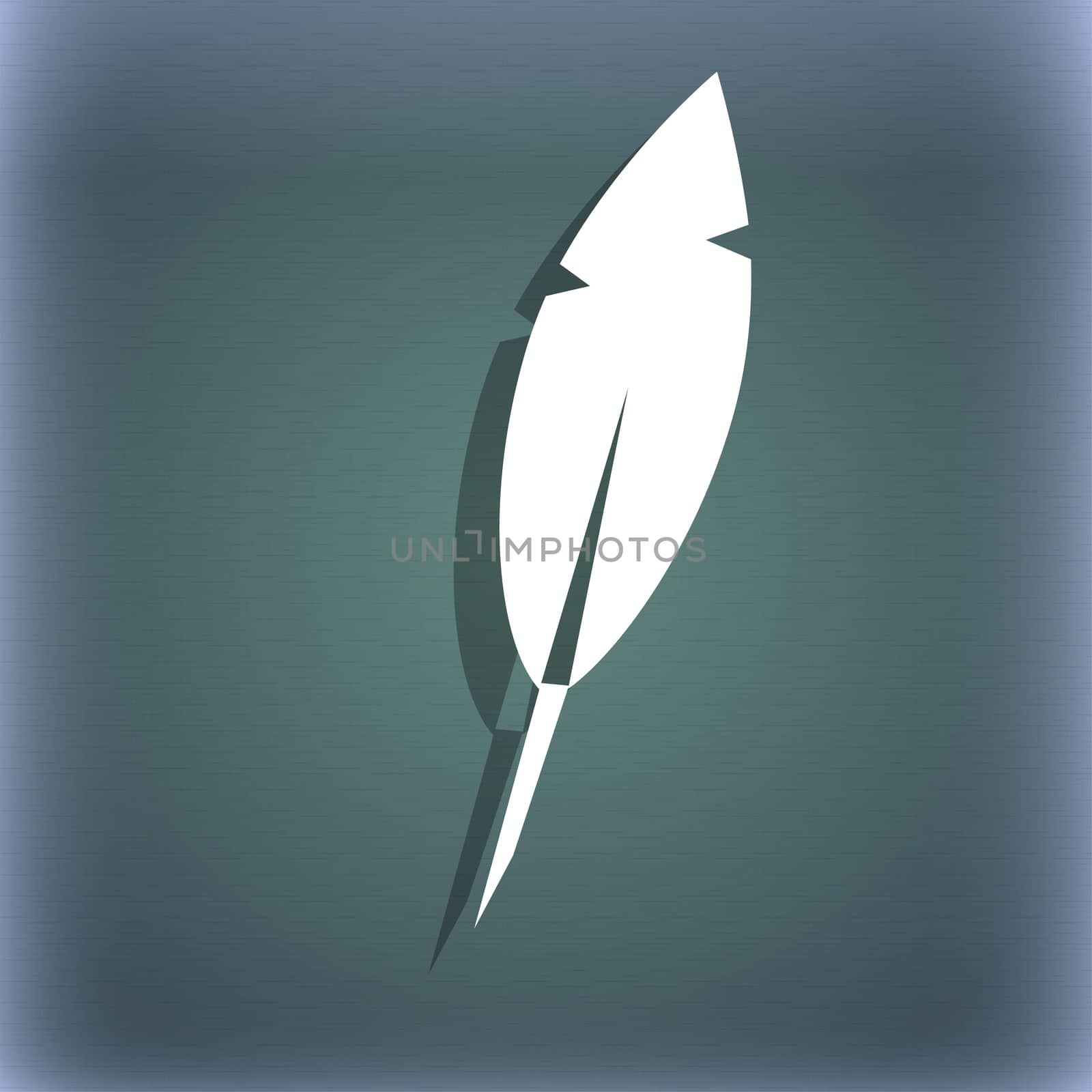 Feather sign icon. Retro pen symbo. On the blue-green abstract background with shadow and space for your text. illustration
