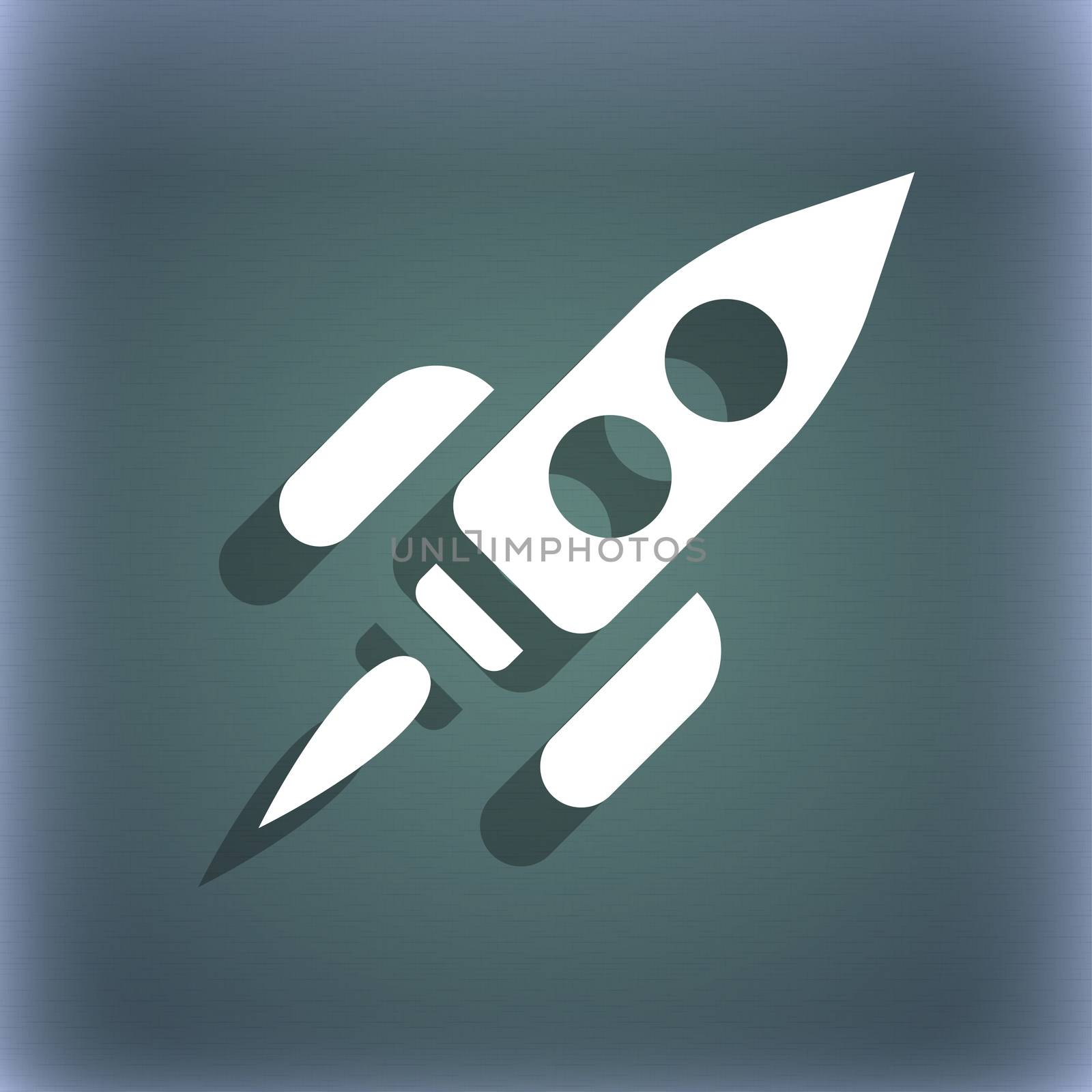 Rocket icon symbol on the blue-green abstract background with shadow and space for your text. illustration