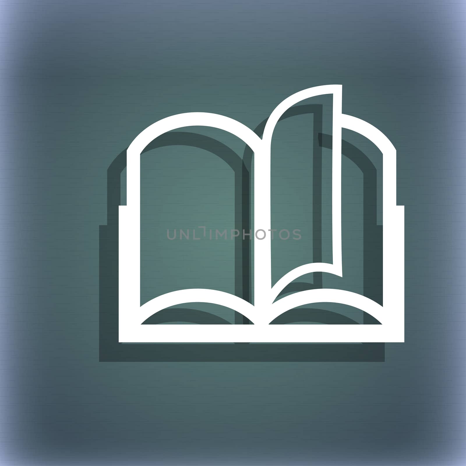 Book sign icon. Open book symbol. On the blue-green abstract background with shadow and space for your text. illustration