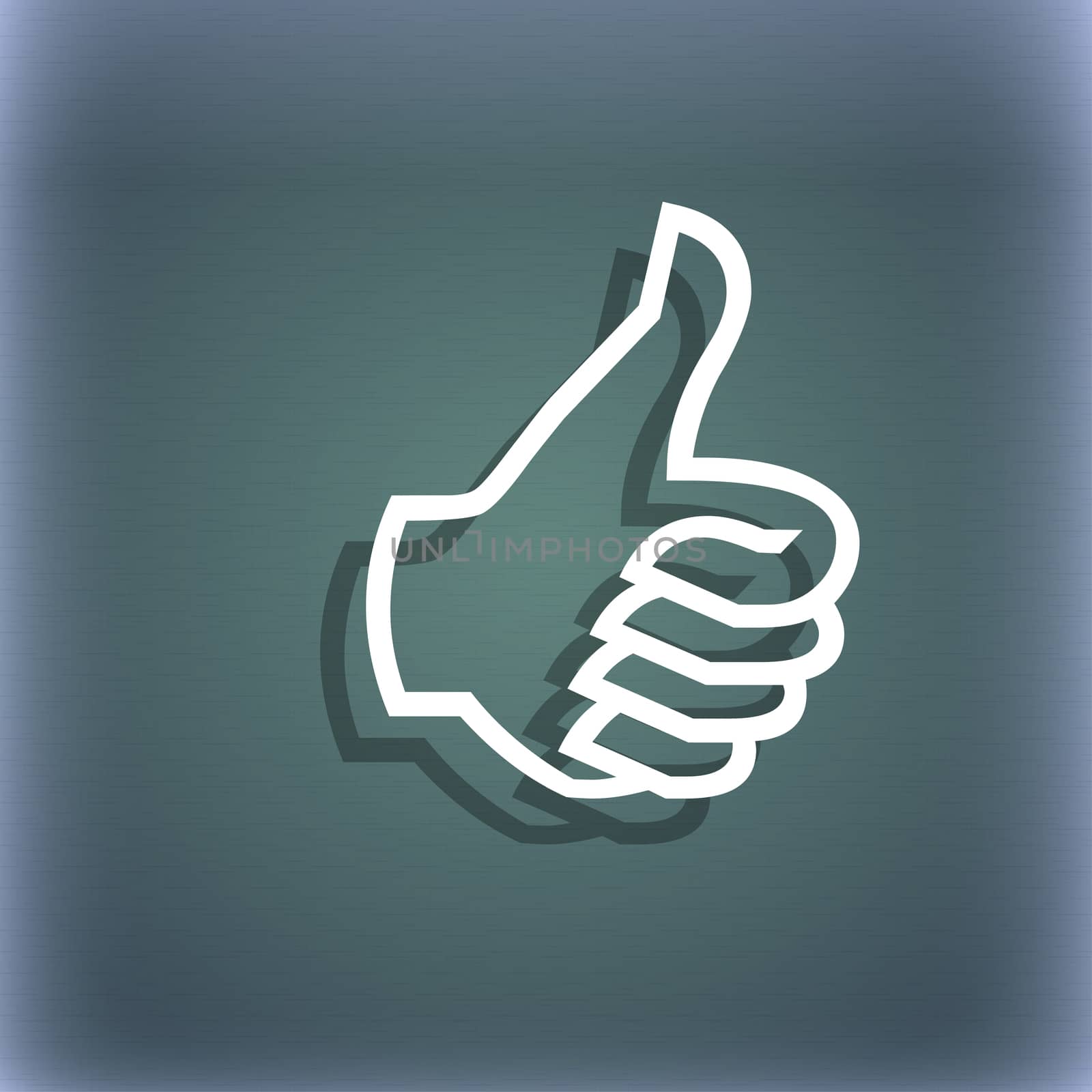 Like sign icon. Thumb up sign. Hand finger up. On the blue-green abstract background with shadow and space for your text. illustration