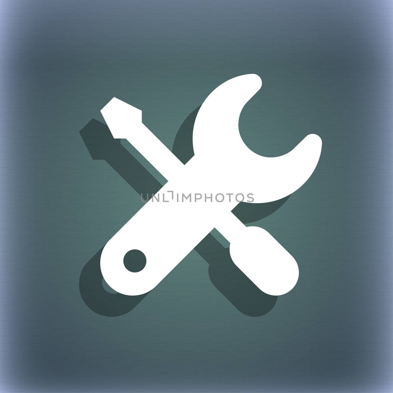screwdriver, key, settings icon symbol on the blue-green abstract background with shadow and space for your text. illustration