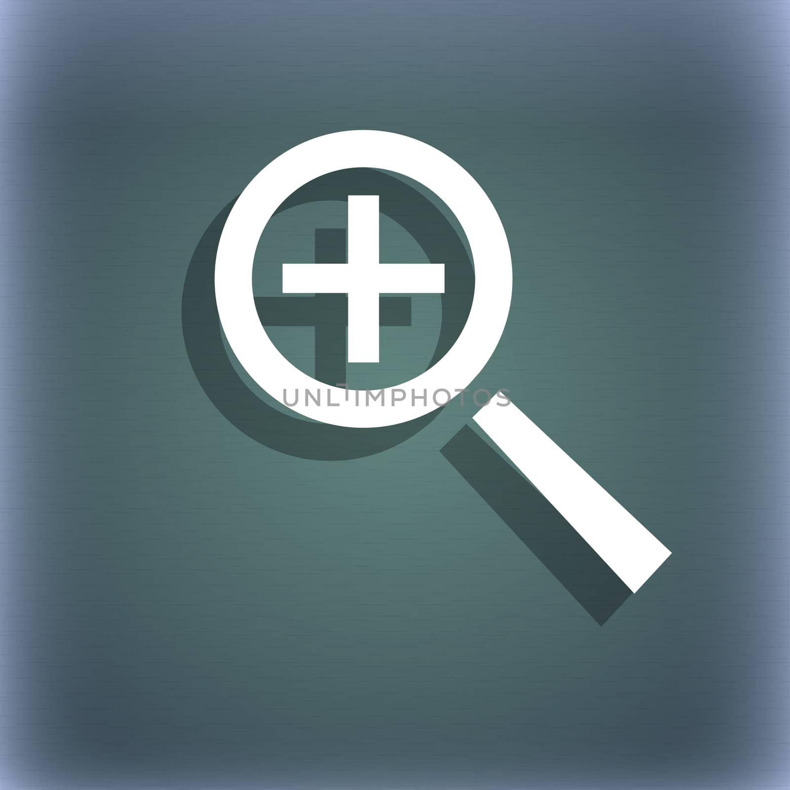 Magnifier glass, Zoom tool icon sign. On the blue-green abstract background with shadow and space for your text.  by serhii_lohvyniuk