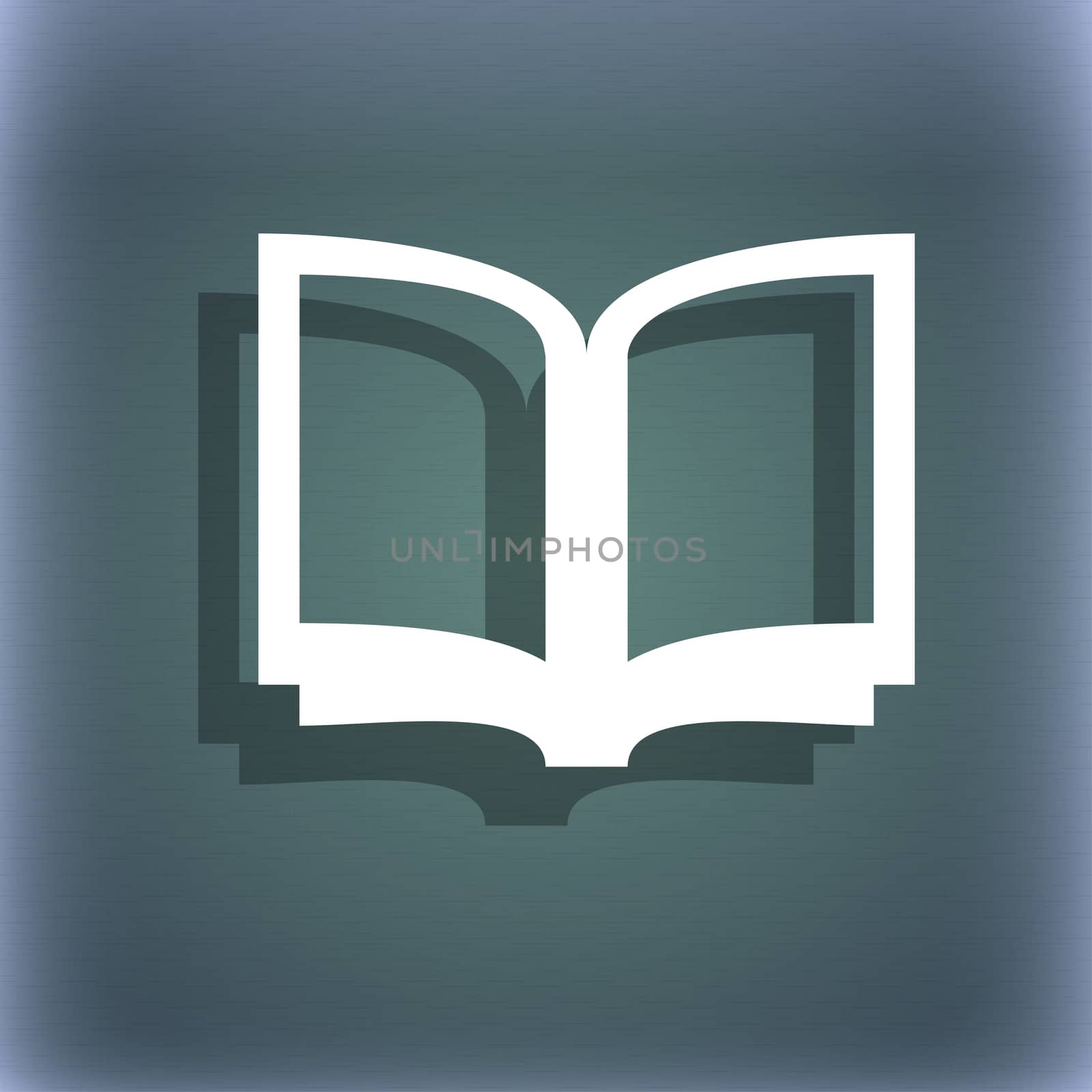 Open book icon symbol on the blue-green abstract background with shadow and space for your text. illustration