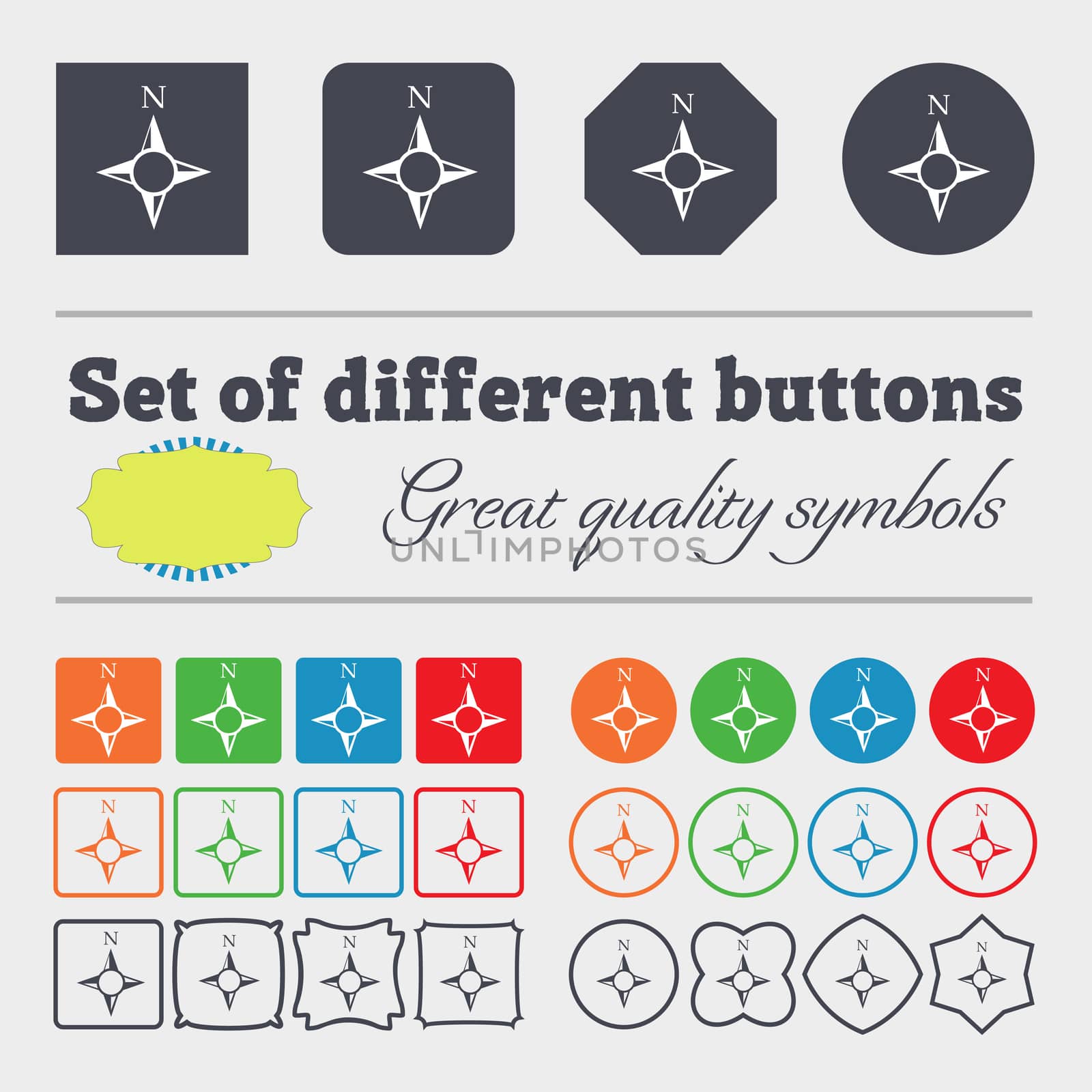 Compass sign icon. Windrose navigation symbol. Big set of colorful, diverse, high-quality buttons. illustration