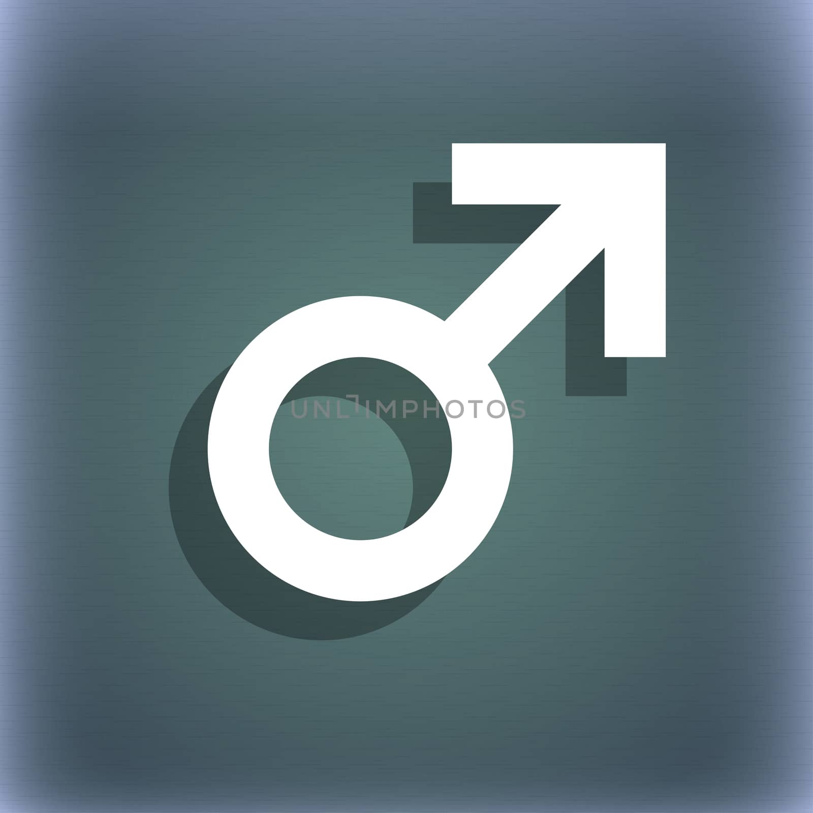 Male sex icon symbol on the blue-green abstract background with shadow and space for your text.  by serhii_lohvyniuk