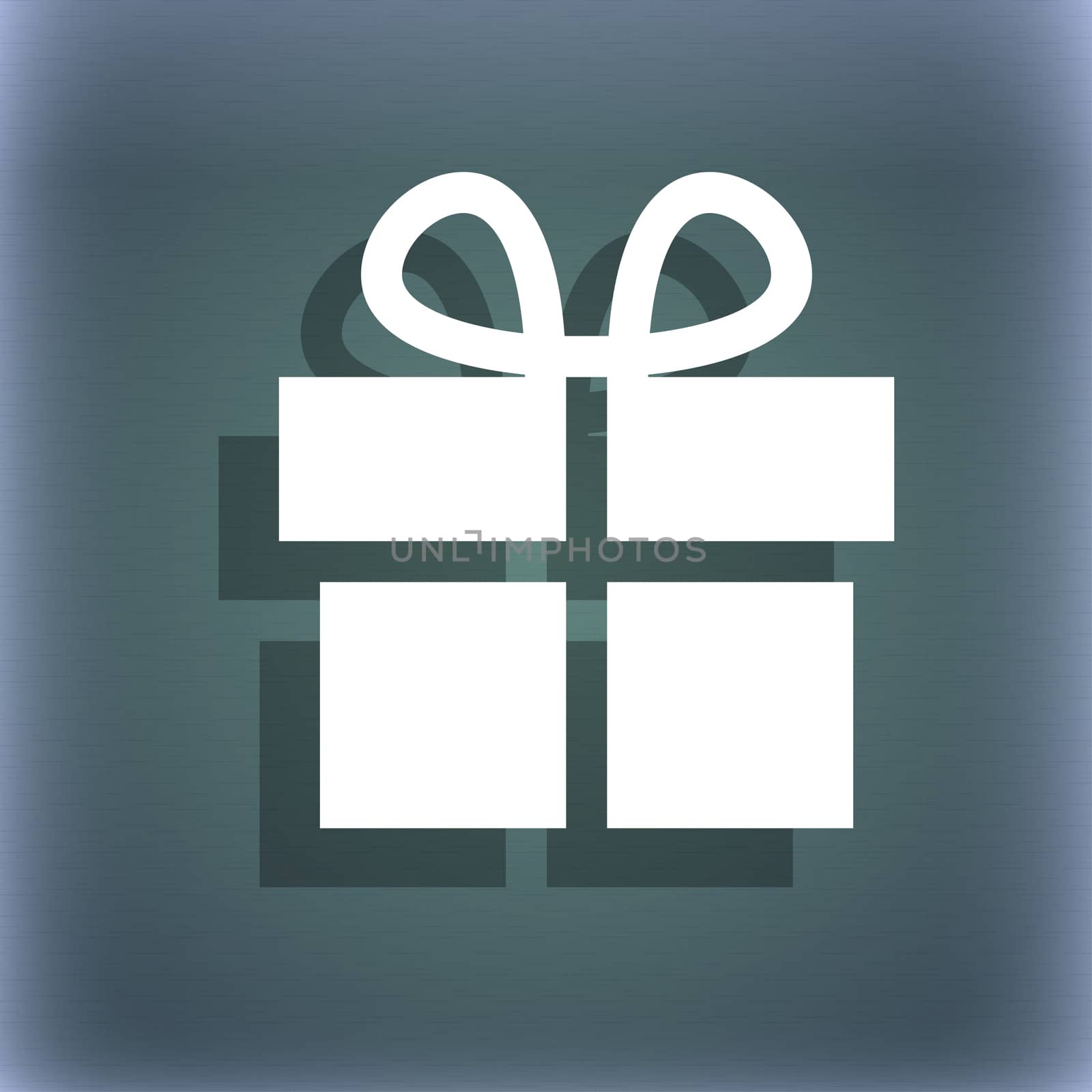 Gift box icon symbol on the blue-green abstract background with shadow and space for your text.  by serhii_lohvyniuk