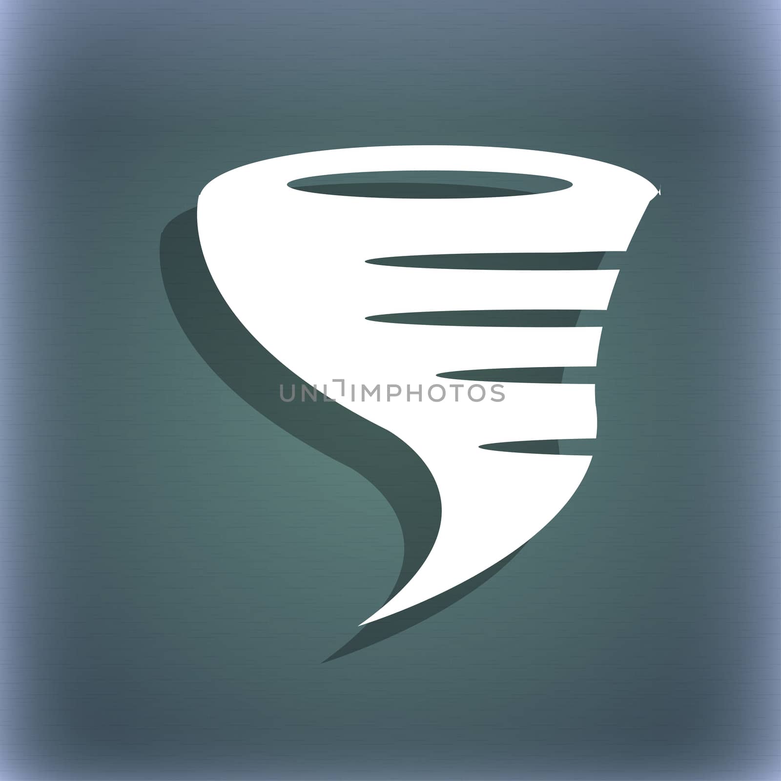 Tornado icon. On the blue-green abstract background with shadow and space for your text. illustration