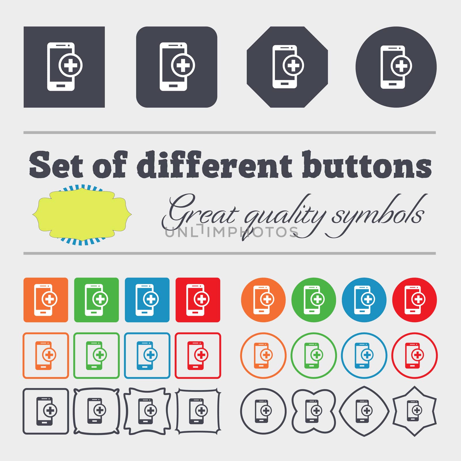 Mobile devices sign icon. with symbol plus. Big set of colorful, diverse, high-quality buttons. illustration