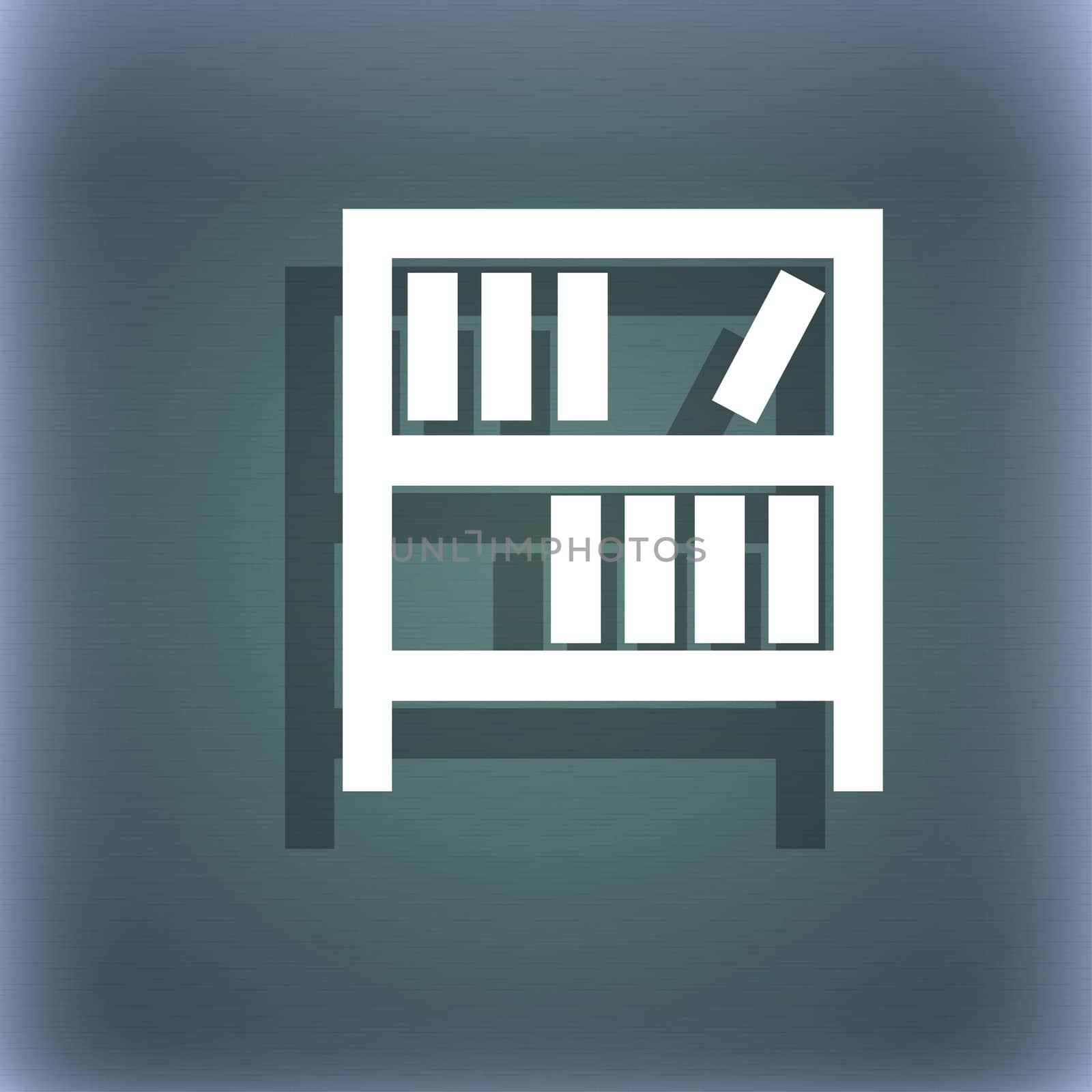 Bookshelf icon sign. On the blue-green abstract background with shadow and space for your text. illustration