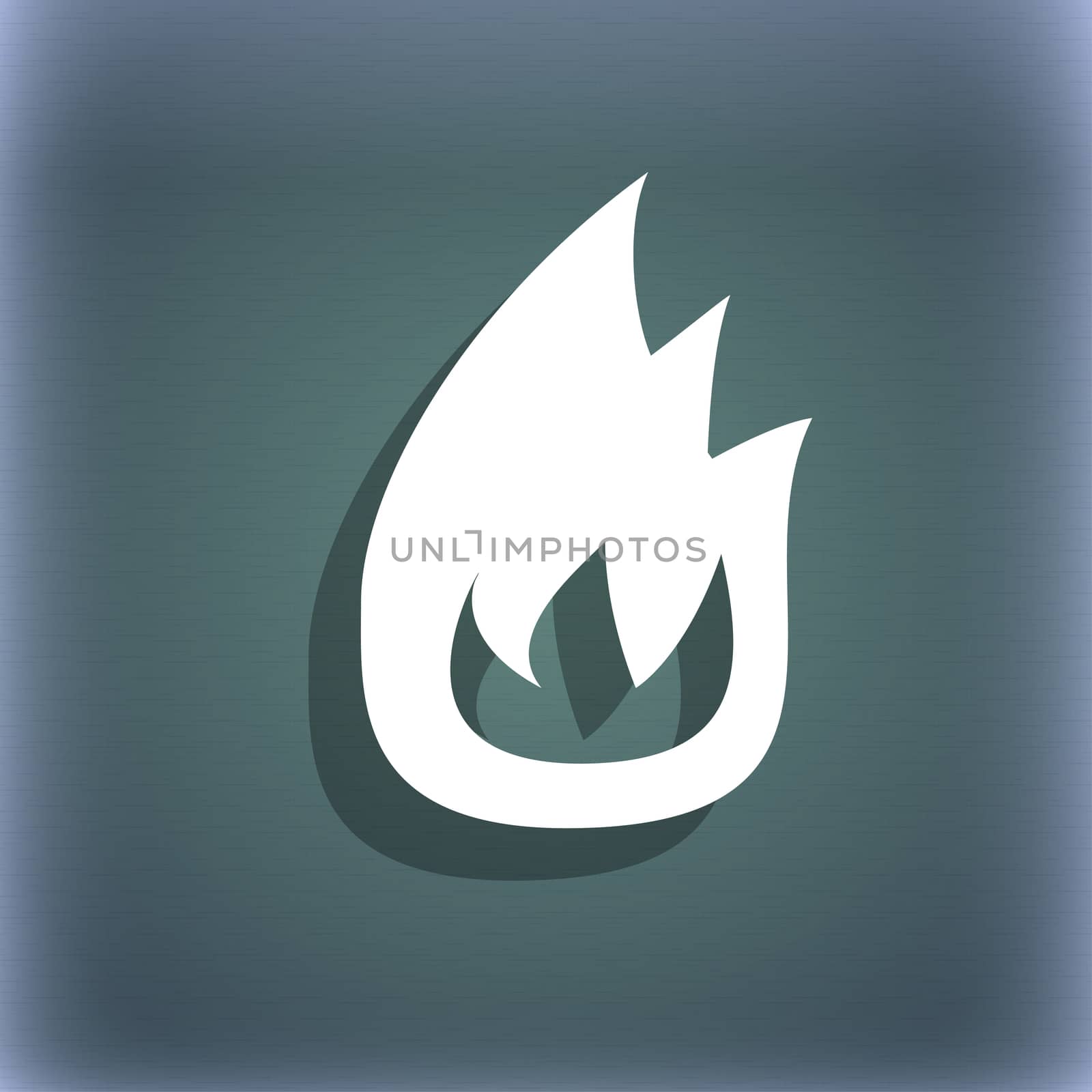 Fire flame icon symbol on the blue-green abstract background with shadow and space for your text. illustration