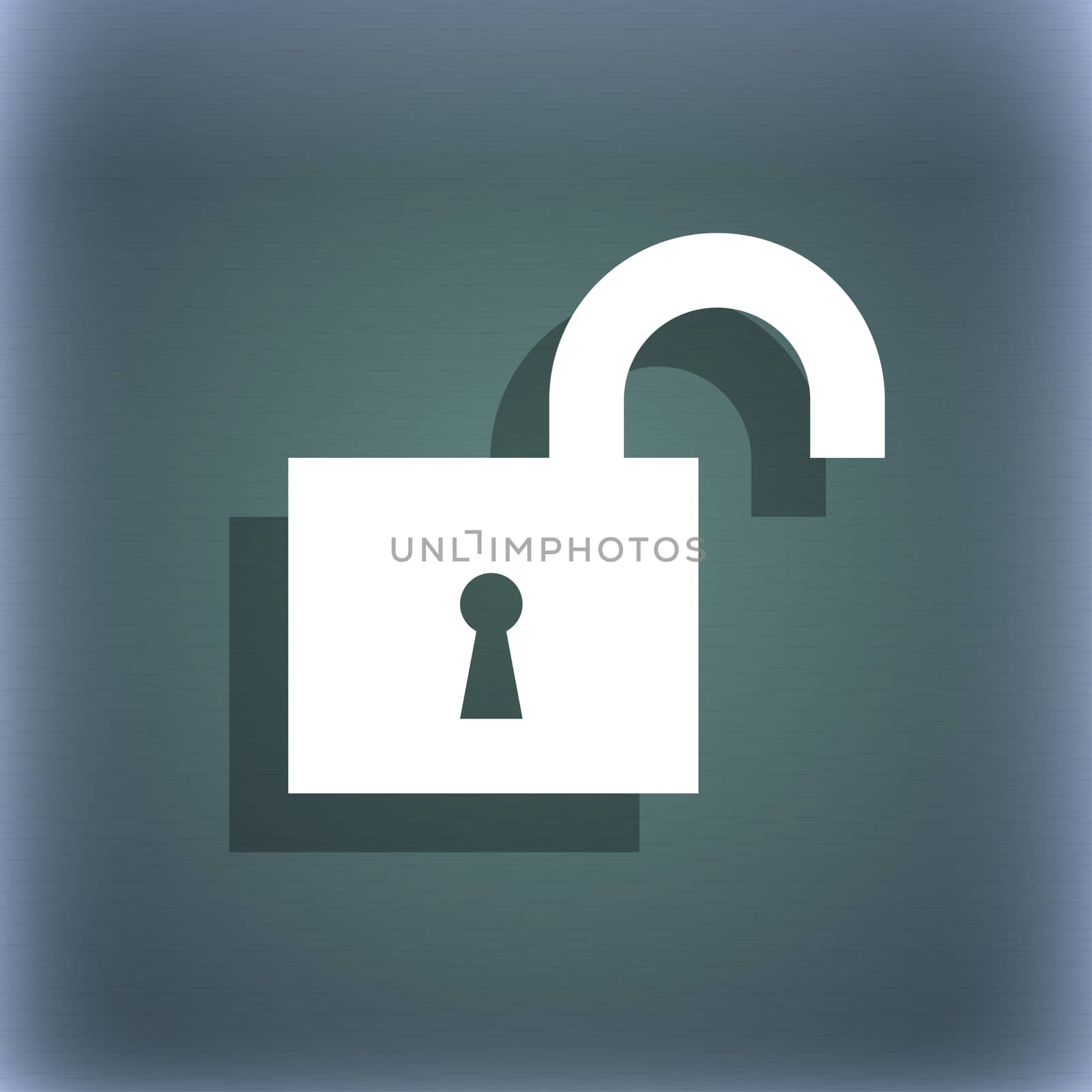 open lock icon symbol on the blue-green abstract background with shadow and space for your text. illustration
