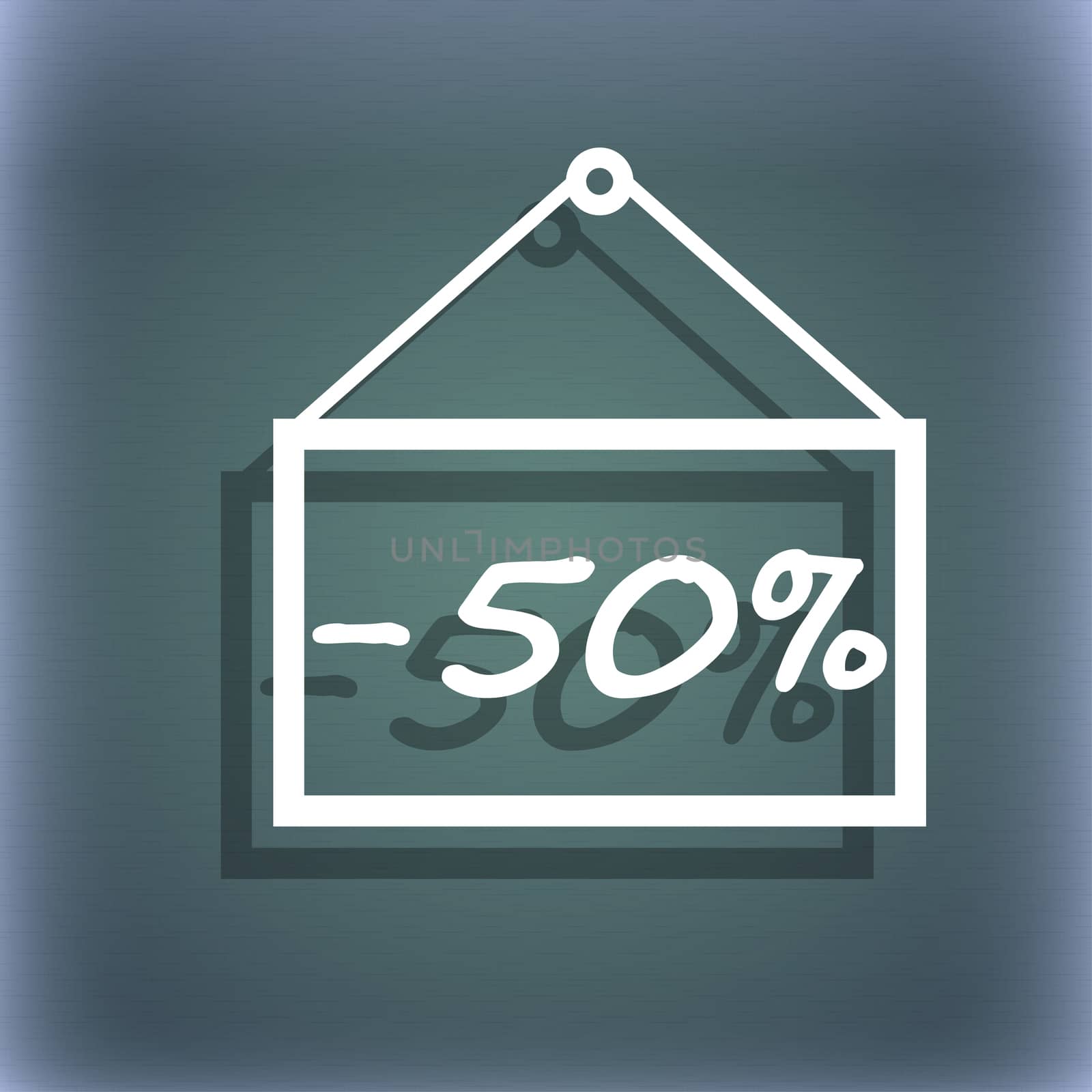 50 discount icon sign. On the blue-green abstract background with shadow and space for your text. illustration