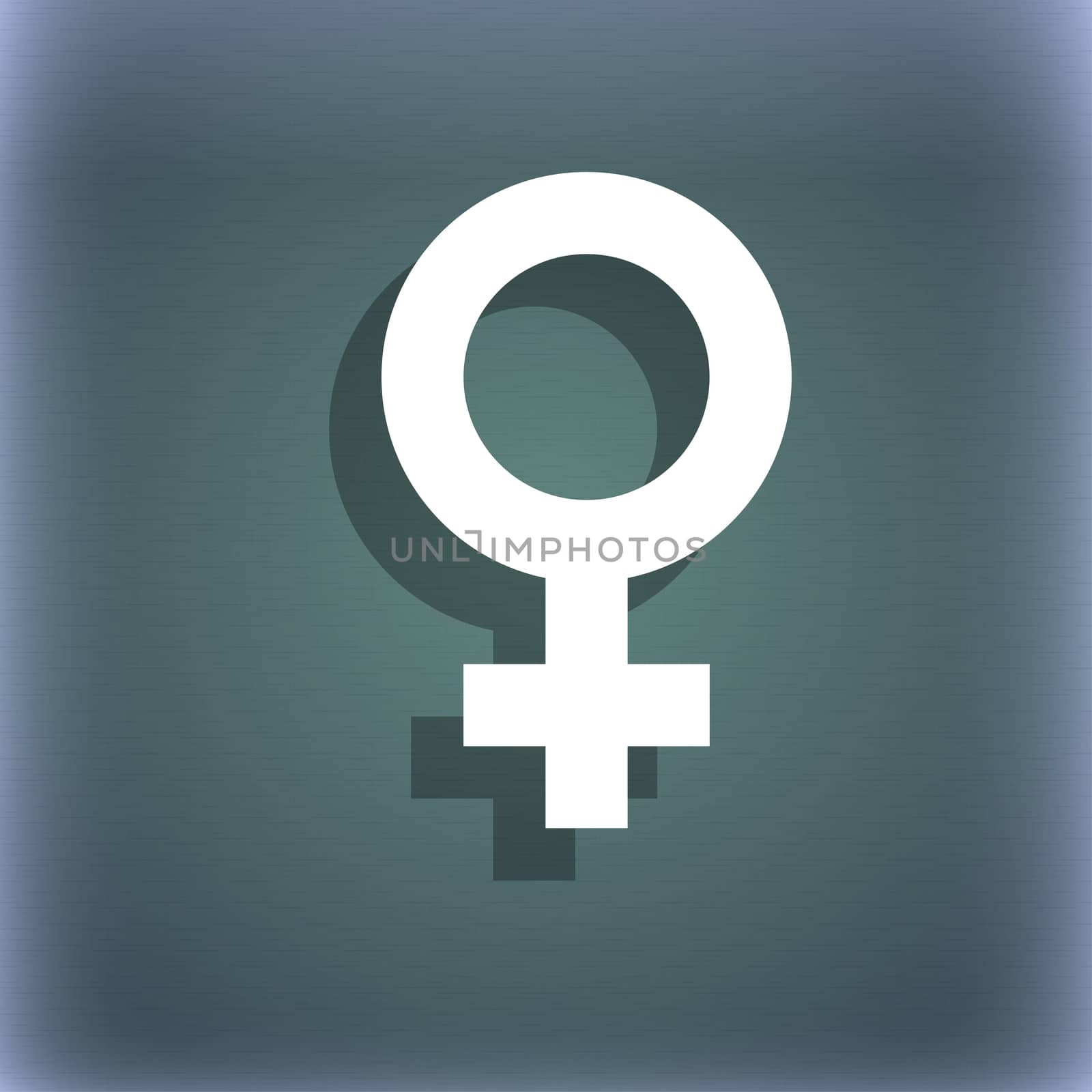 Symbols gender, Female, Woman sex icon symbol on the blue-green abstract background with shadow and space for your text. illustration