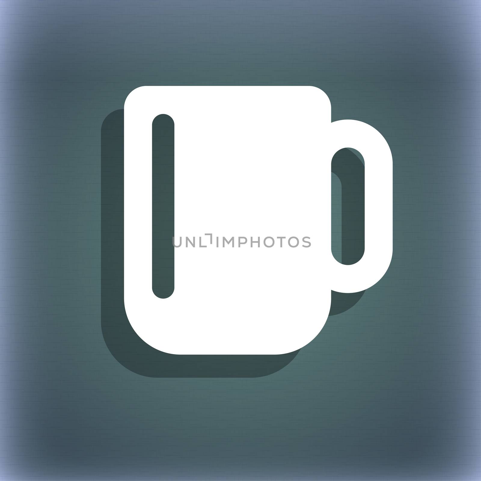 cup coffee or tea icon symbol on the blue-green abstract background with shadow and space for your text. illustration