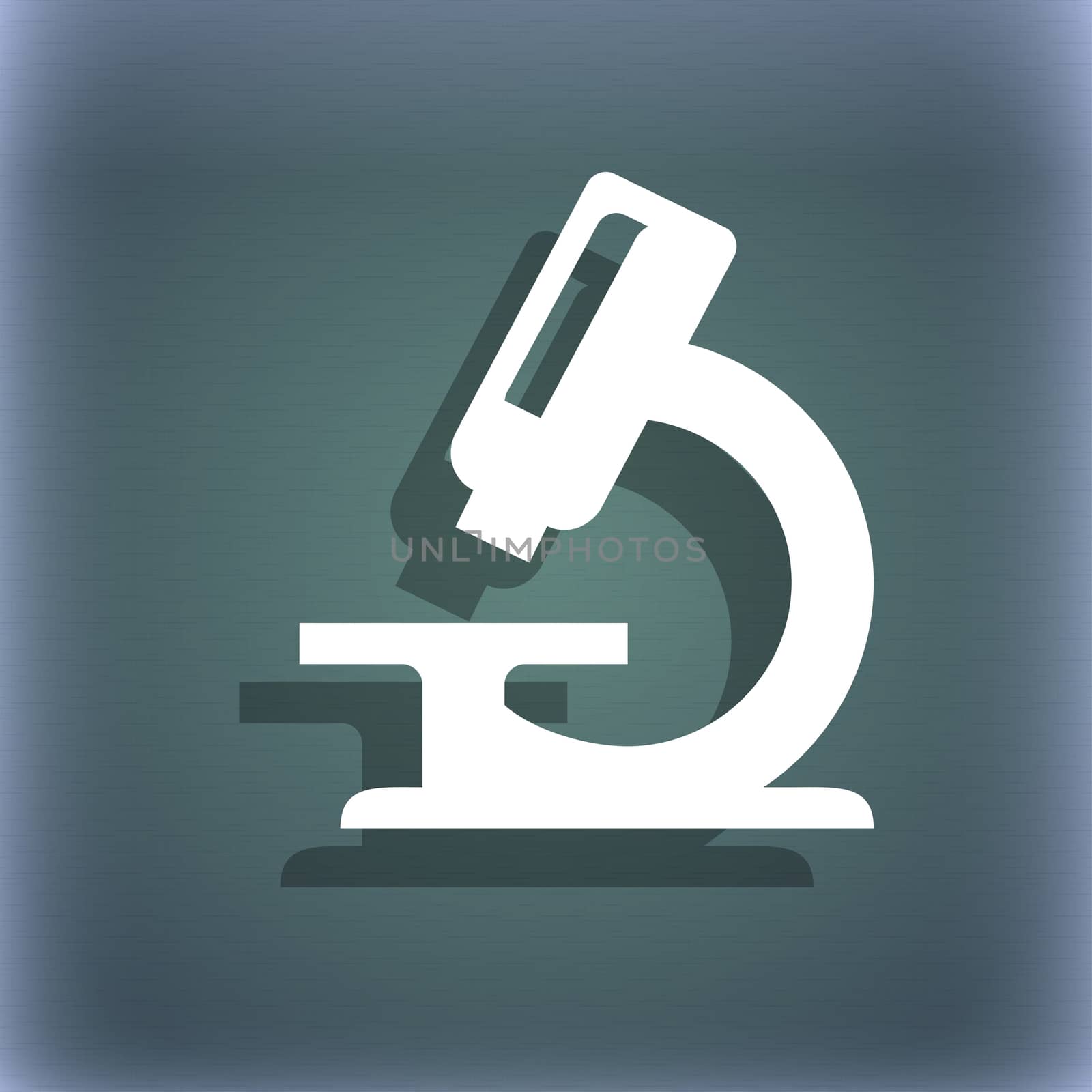 microscope icon symbol on the blue-green abstract background with shadow and space for your text.  by serhii_lohvyniuk