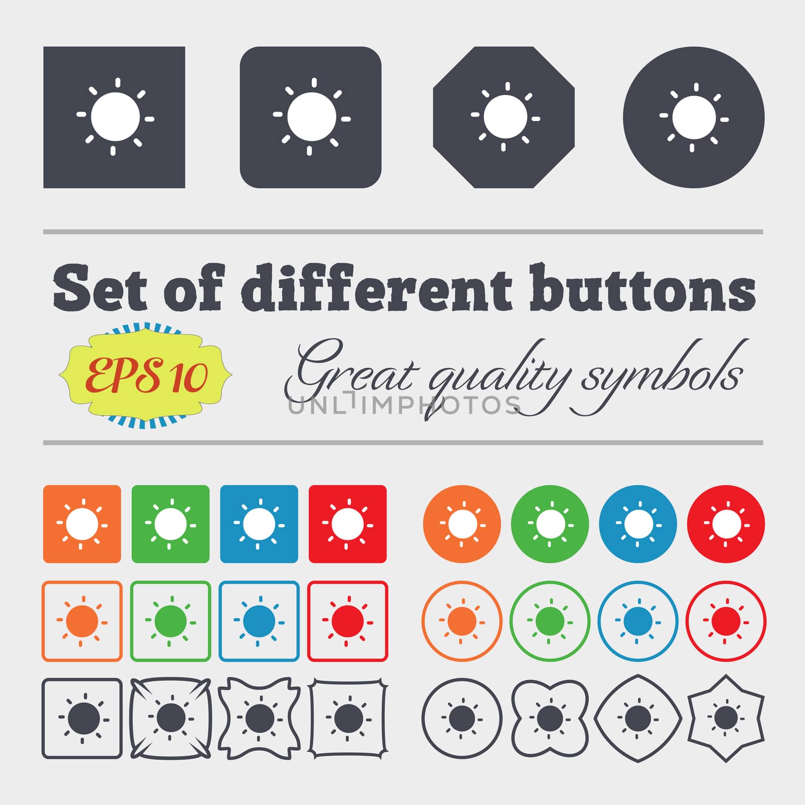 Sun icon sign Big set of colorful, diverse, high-quality buttons. illustration