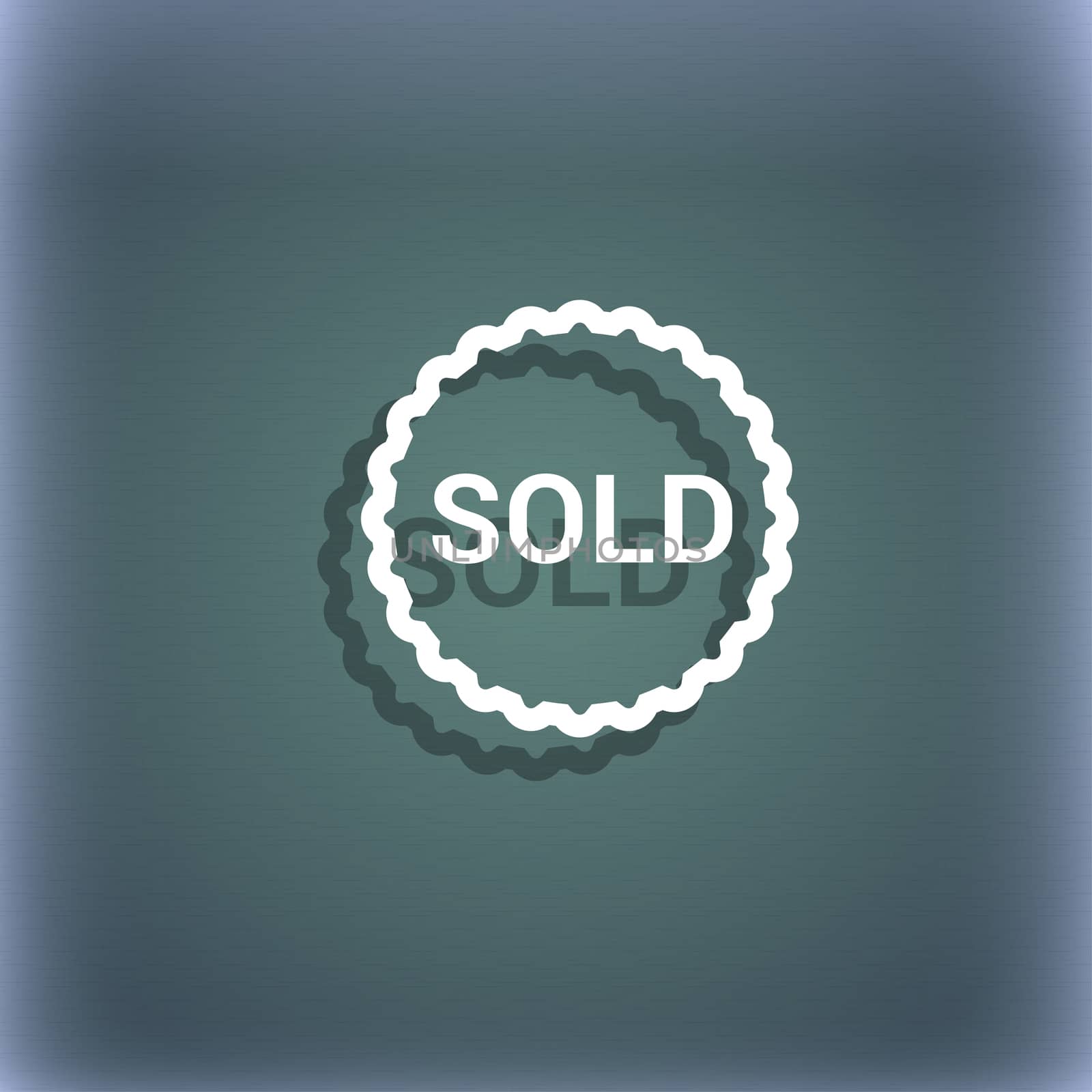 Sold icon symbol on the blue-green abstract background with shadow and space for your text. illustration