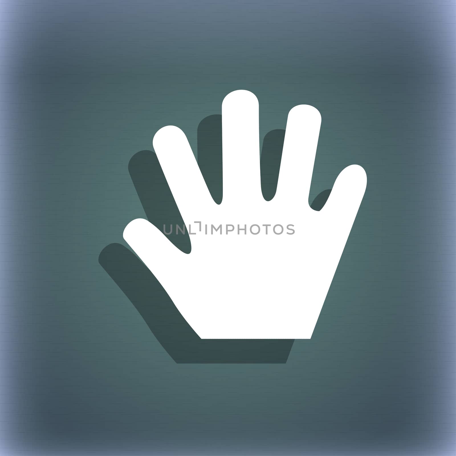 Hand icon symbol on the blue-green abstract background with shadow and space for your text.  by serhii_lohvyniuk