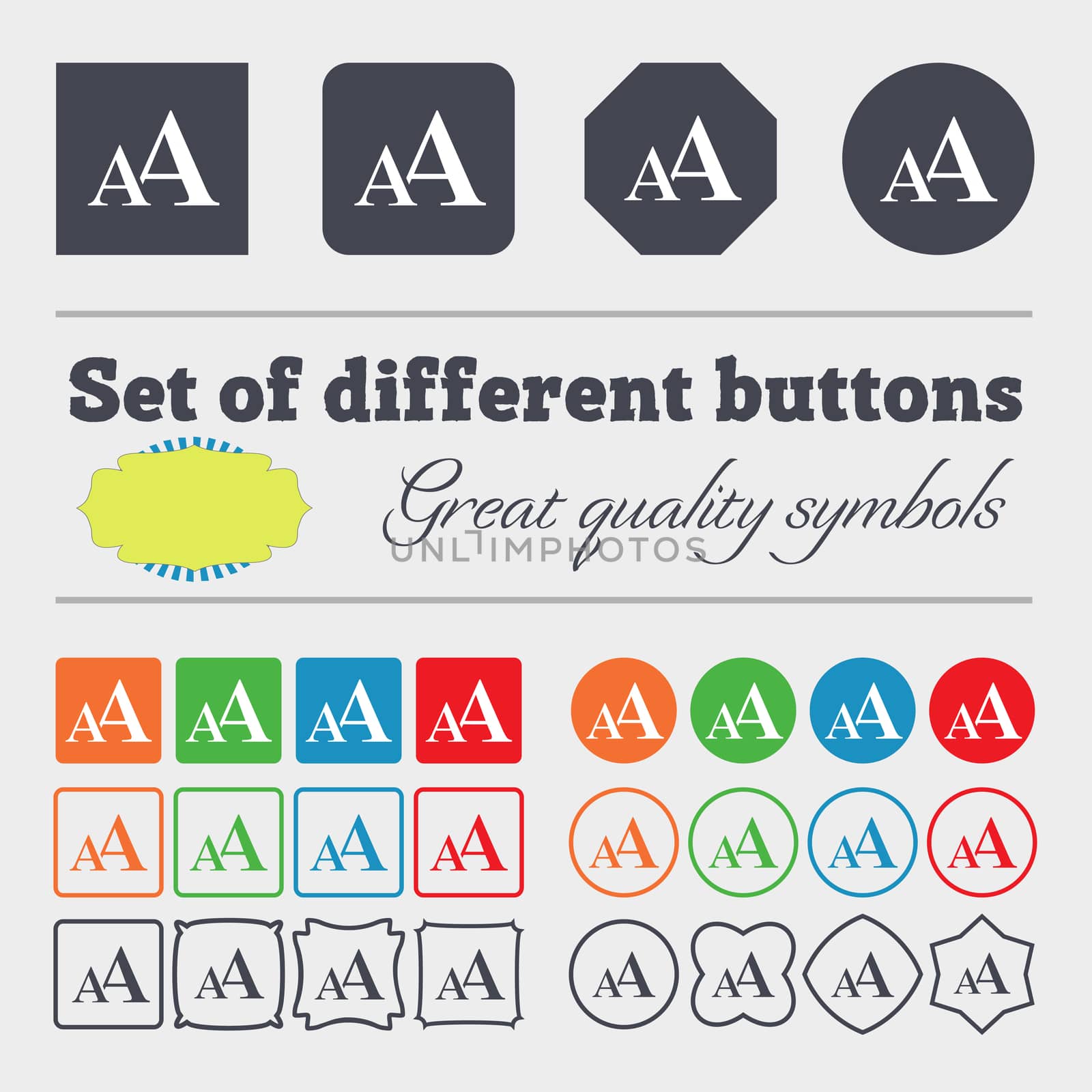 Enlarge font, AA icon sign. Big set of colorful, diverse, high-quality buttons. illustration