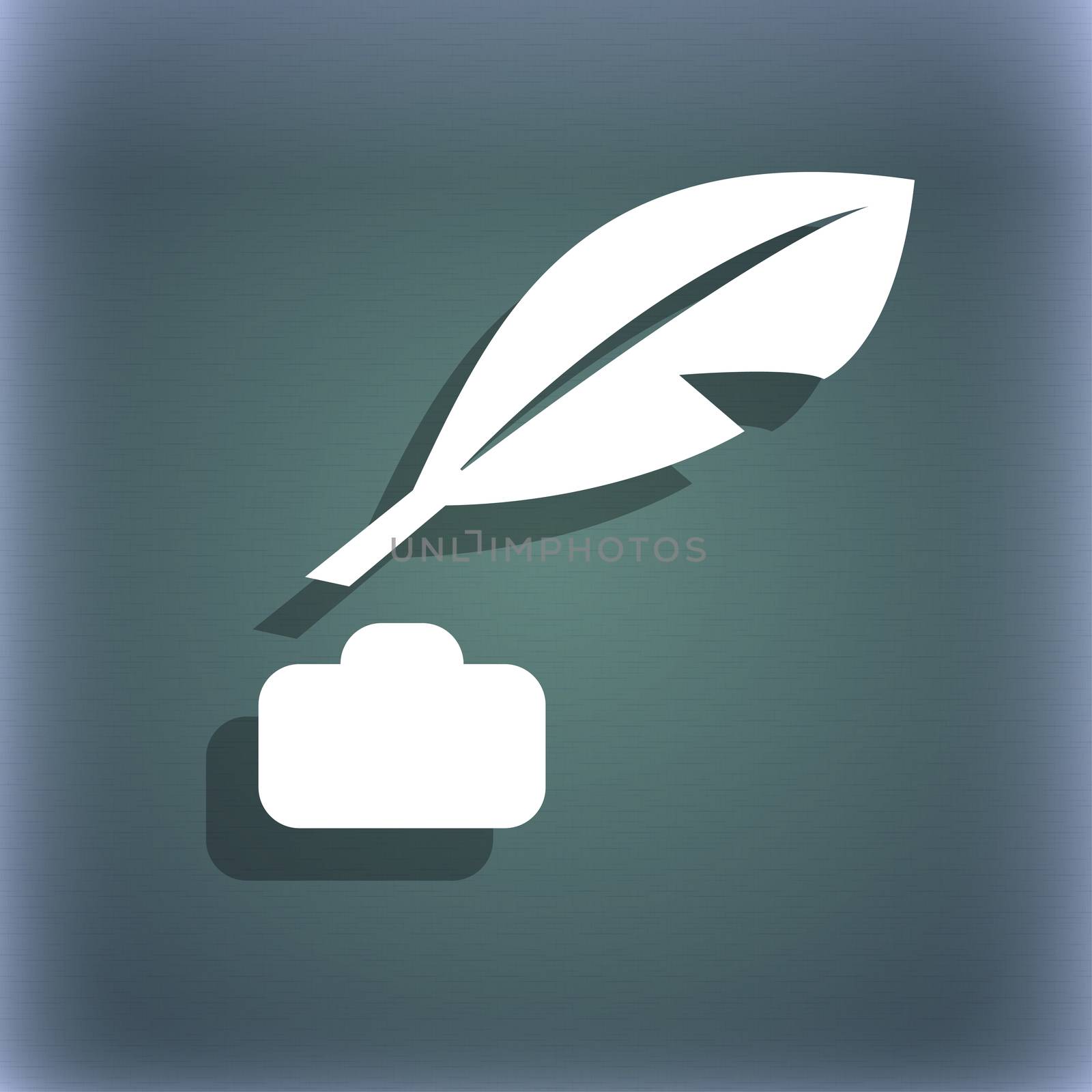 Feather, Retro pen icon symbol on the blue-green abstract background with shadow and space for your text.  by serhii_lohvyniuk