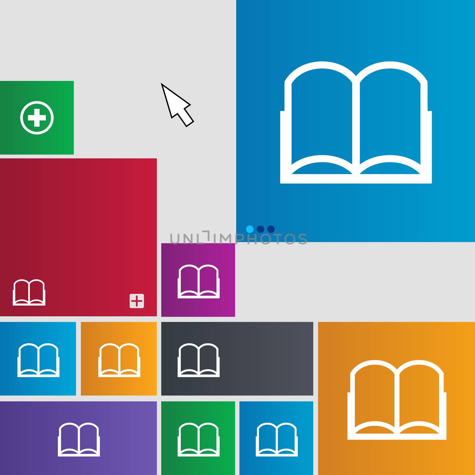 Book sign icon. Open book symbol. Set of colored buttons. illustration