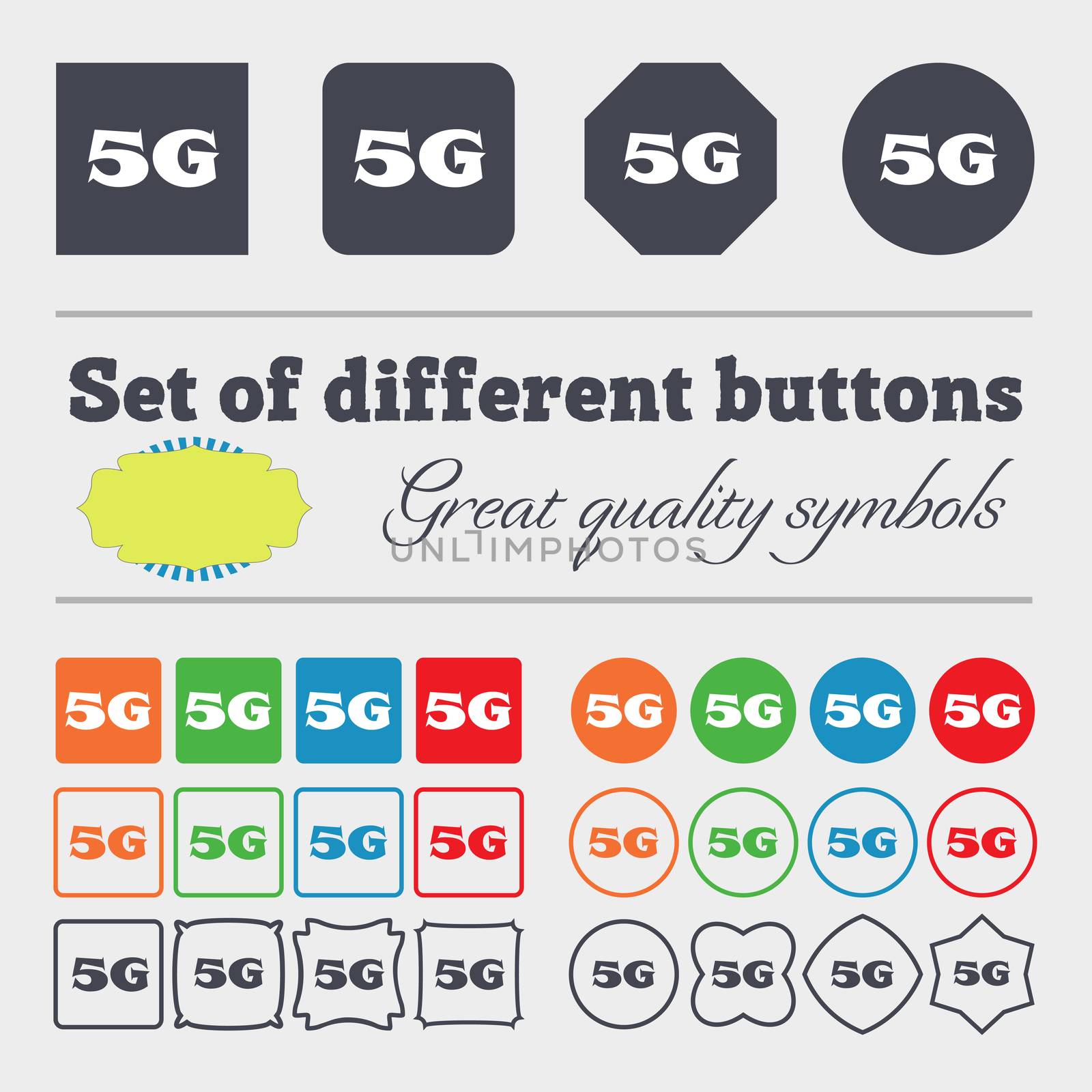 5G sign icon. Mobile telecommunications technology symbol. Big set of colorful, diverse, high-quality buttons. illustration