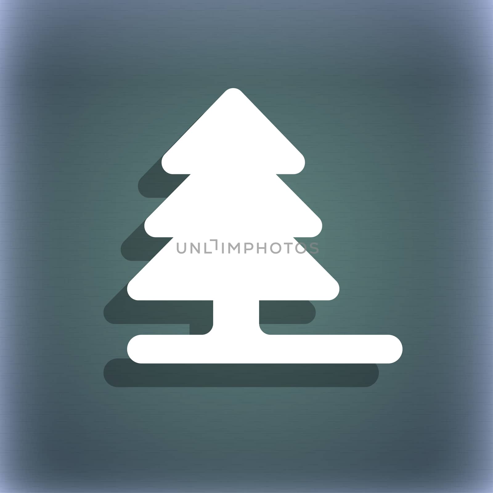 Christmas tree icon symbol on the blue-green abstract background with shadow and space for your text.  by serhii_lohvyniuk