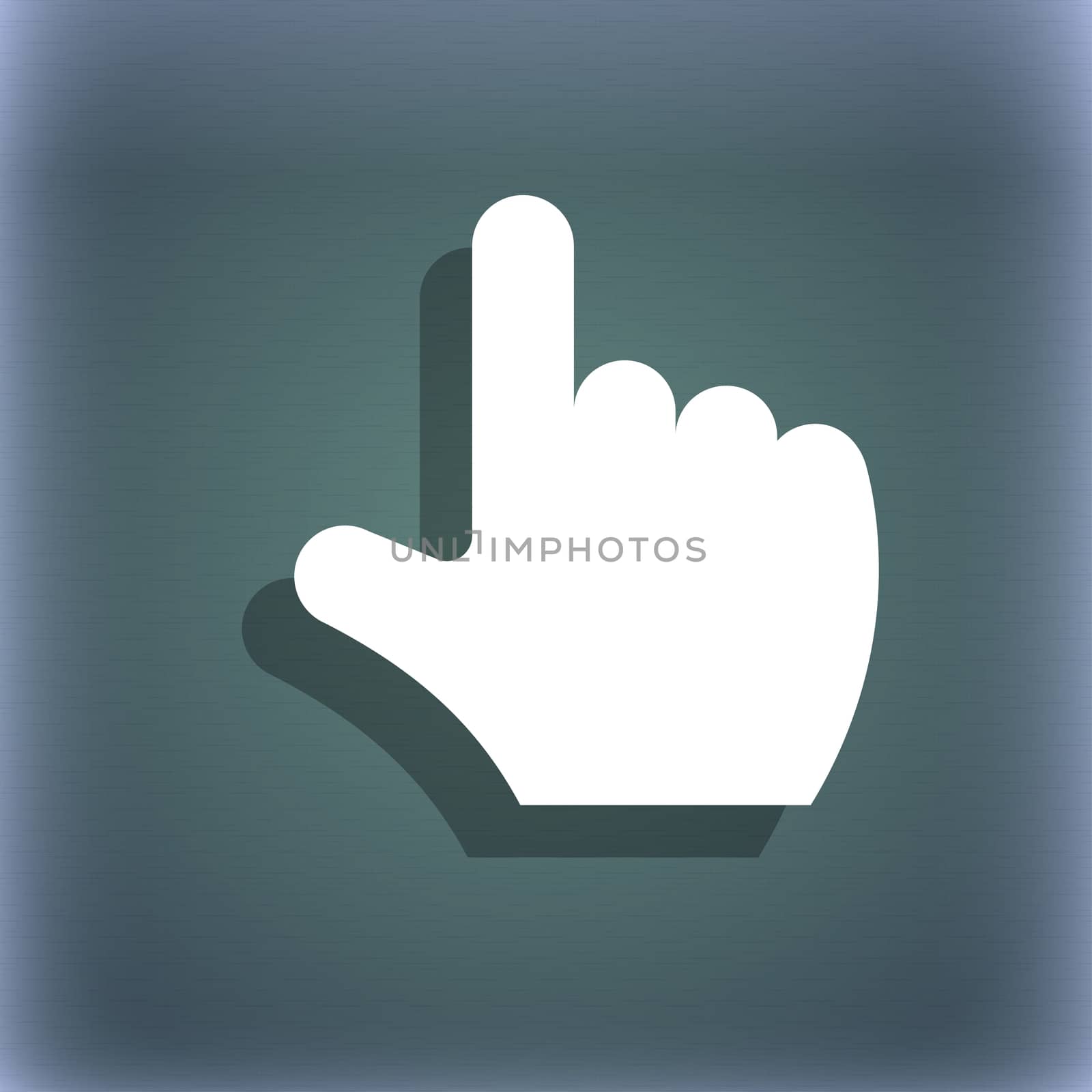 pointing hand icon symbol on the blue-green abstract background with shadow and space for your text. illustration