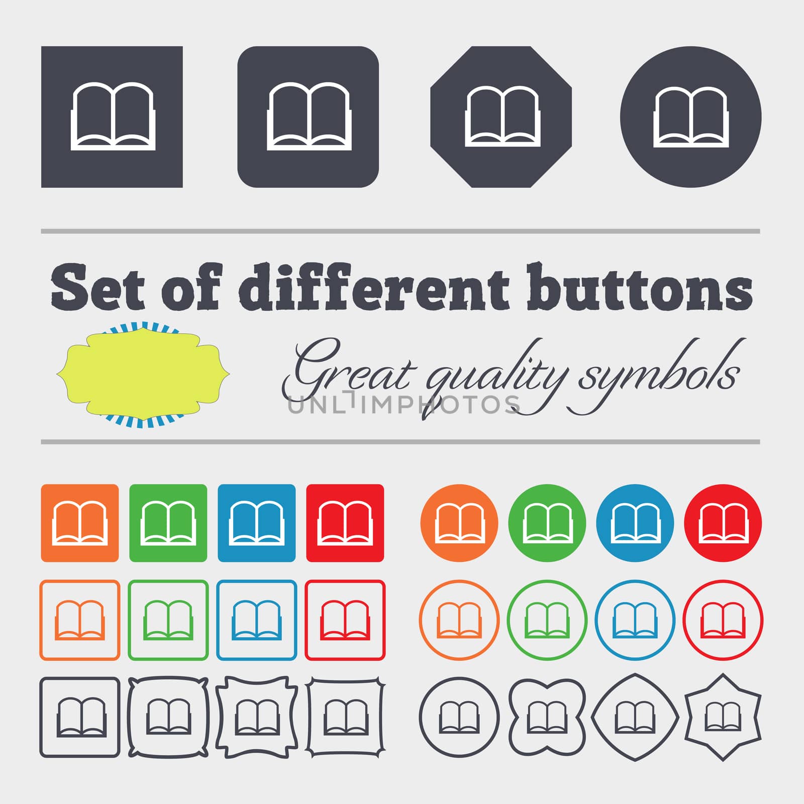 Book sign icon. Open book symbol. Big set of colorful, diverse, high-quality buttons.  by serhii_lohvyniuk