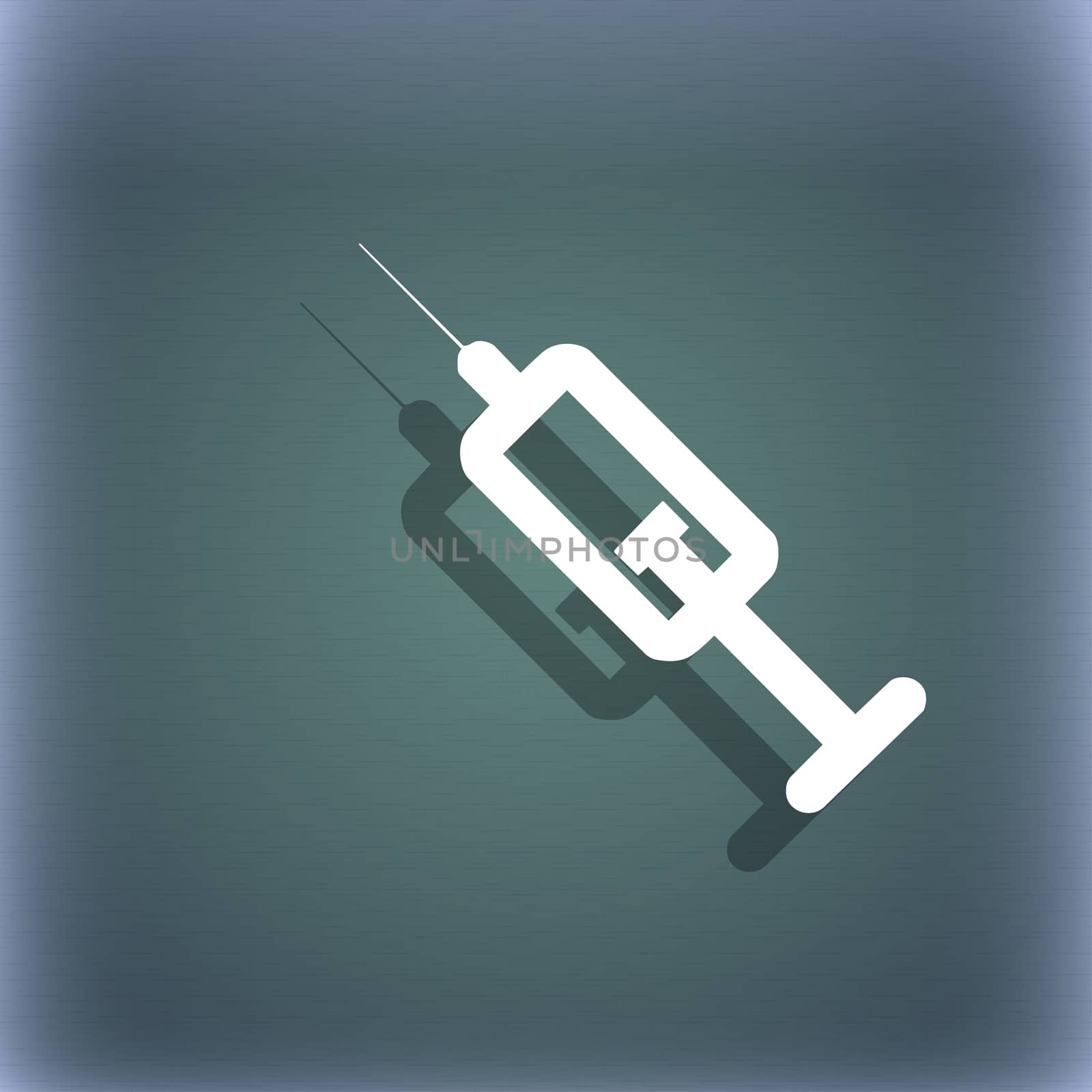 syringe icon symbol on the blue-green abstract background with shadow and space for your text.  by serhii_lohvyniuk